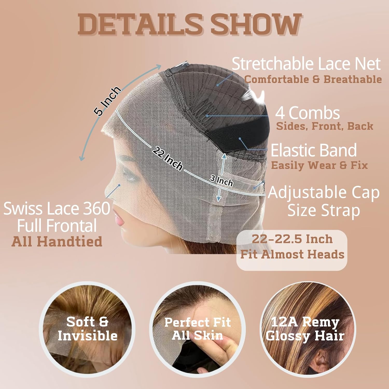 360 Lace Frontal Wig Honey Blonde Highlight 22 Inch 360 Human Hair Wig Ombre P4/27 Colored Straight Full Lace 360 HD Transparent Lace Brazilian Virgin Human Hair Wigs Free Part Pre Plucked 150 Density