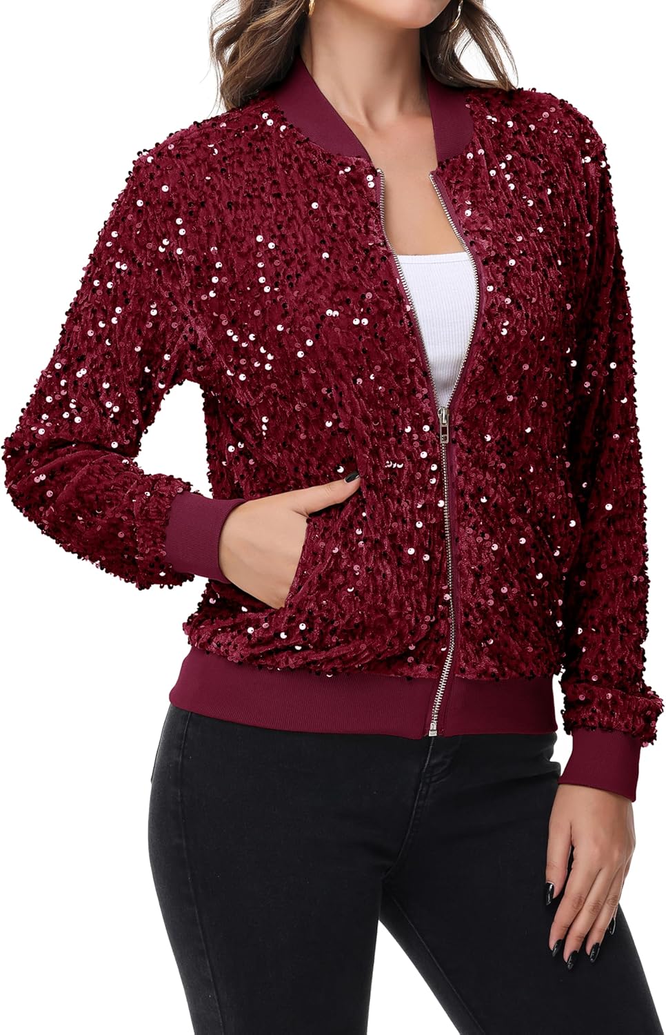 Anna-Kaci Women's Sparkly Sequin Jacket Zipper Long Sleeve Glitter Sequin Bomber Jacket with Pockets
