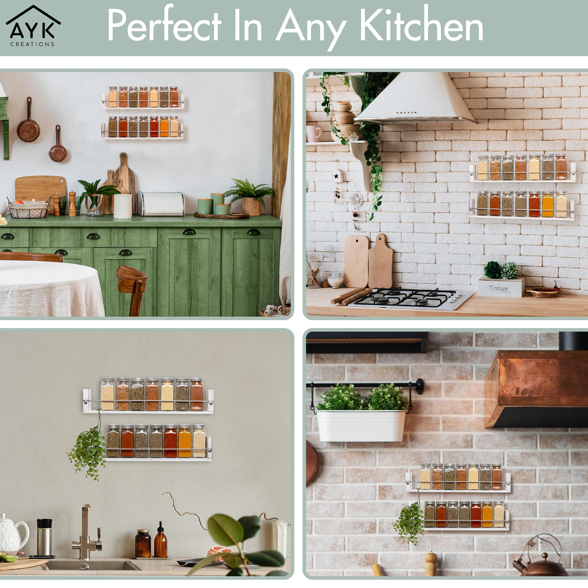 Farmhouse Kitchen Decor Wandmontiertes Gewürzregal mit 2 Ablagen in gewaschenem Weiß – Farmhouse Gewürzregal – Gewürzregal aus Holz – Gewürzregal aus Holz – Gewürzregal aus Holz