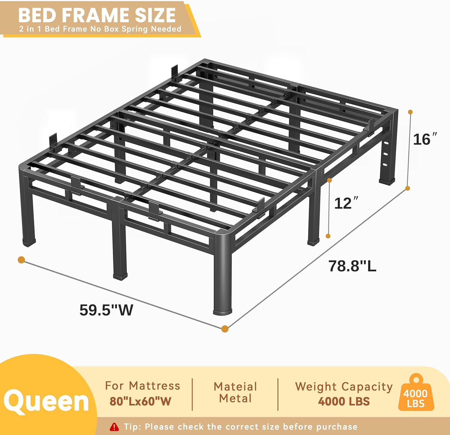 Queen Bed Frame Heavy Duty, Metal Double Layer Steel 4000 lbs Capacity, 16 Inch Platform with Large Under Bed Storage Space, No Box Spring Needed, Noise-Free, Easy Assembly