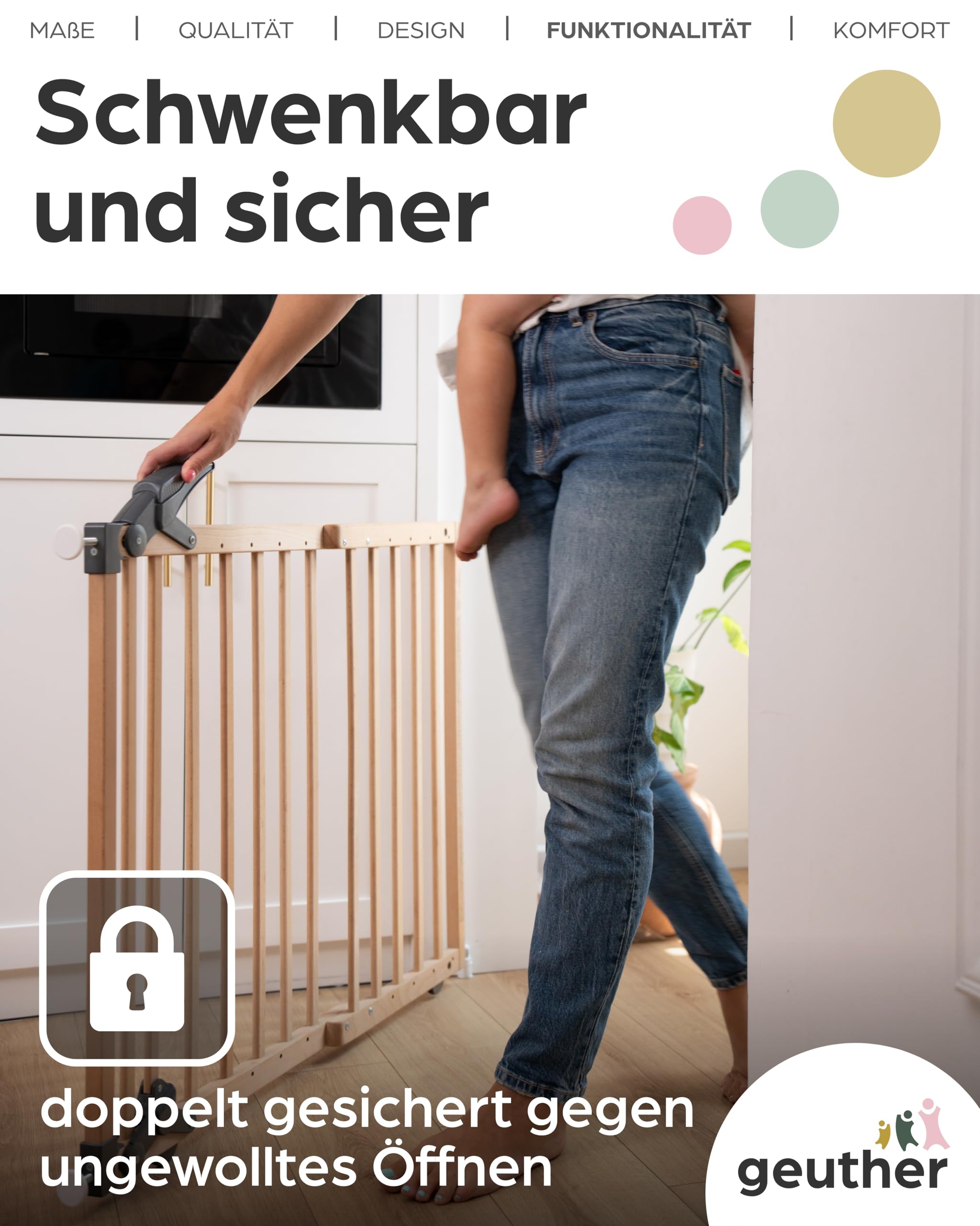Geuther Treppenschutzgitter ohne Bohren, 68‑102 cm | Flexibles & klemmbares Kinderschutzgitter I Türgitter Baby aus Holz, massiv I Türschutzgitter ohne Bohren mit Sicherheitsverschluss I Farbe Weiß