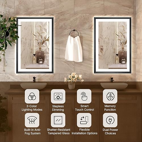 Miniatura 2 de Espejo de baño LED de 40 x 30 pulgadas con luces, marco de aluminio negro, antivaho, atenuación continua, espejo de tocador inteligente de 3 colores