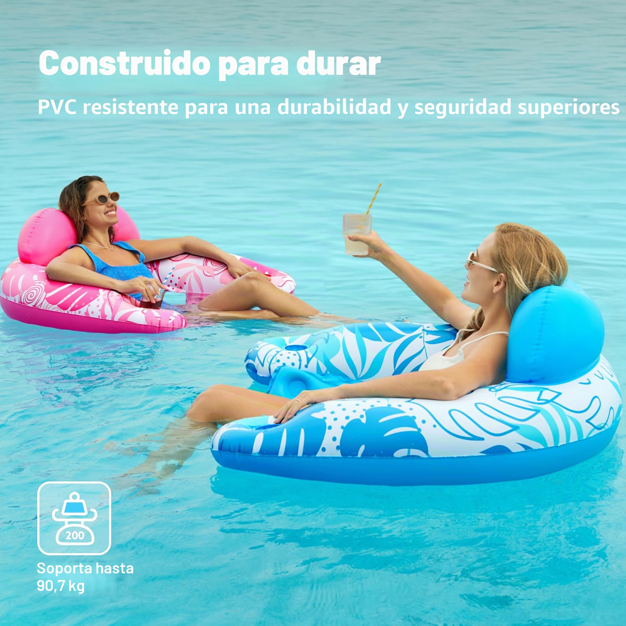 SLOOSH Flotadores Inflables para Adultos, 2 Paquetes de Sillas de Piscina con Portavasos, Silla Flotante Inflable, Hamaca con Diseño de Hojas para Fiesta de Natación de Verano en la Playa, Azul, Verde