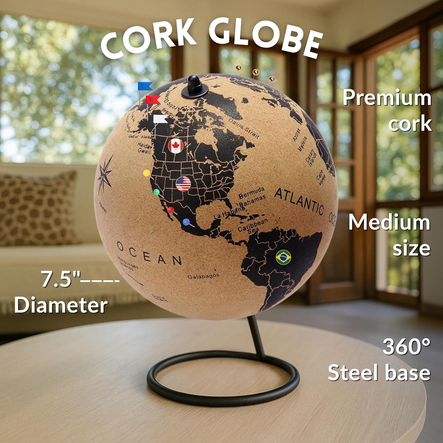 Medium Cork Globe 9.4" Tall | Perfect Holiday Gift for Travelers | World Travel Map with Metallic, Colored & National Flags Pins | 3D World Map Pin Board for Home or Office | Push Pin Map