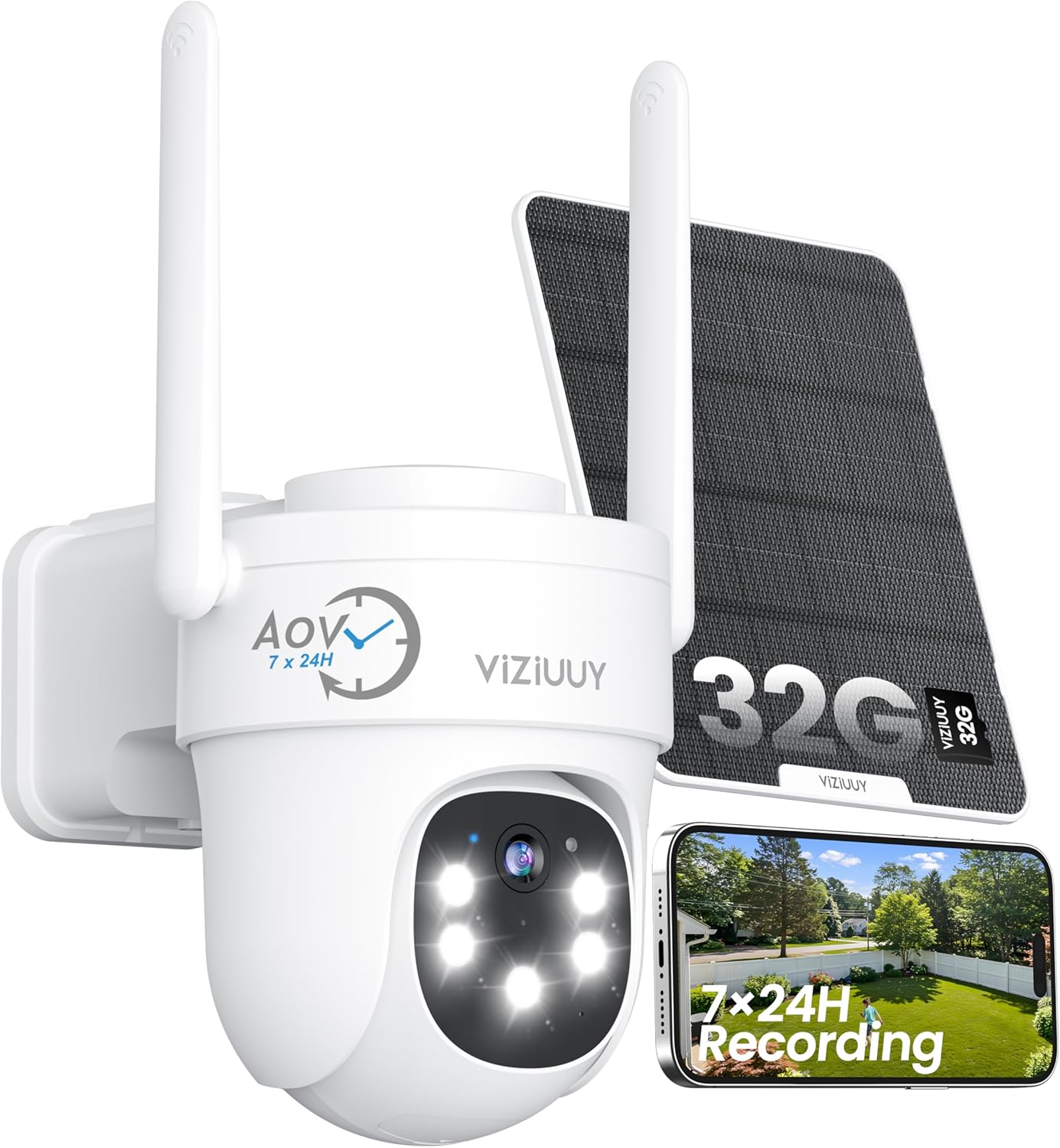 AOV Security Camera, 24H Continuous Recording Security Cameras Wireless Outdoor, WiFi 6, 2K Solar-Powered Cameras for Home Security with 360° PTZ, Auto Tracking, 32G Local Storage(Included)