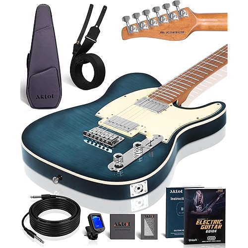 AKLOT Modern TL Electric Guitar: Saddle String-Through Bridge, Locking Tuners, HH Pickup, Coil Split, Rounded End Frets, Roasted Maple Neck & Flame Maple Top, Beginner Guitars Kit with Gig Bag, Blue