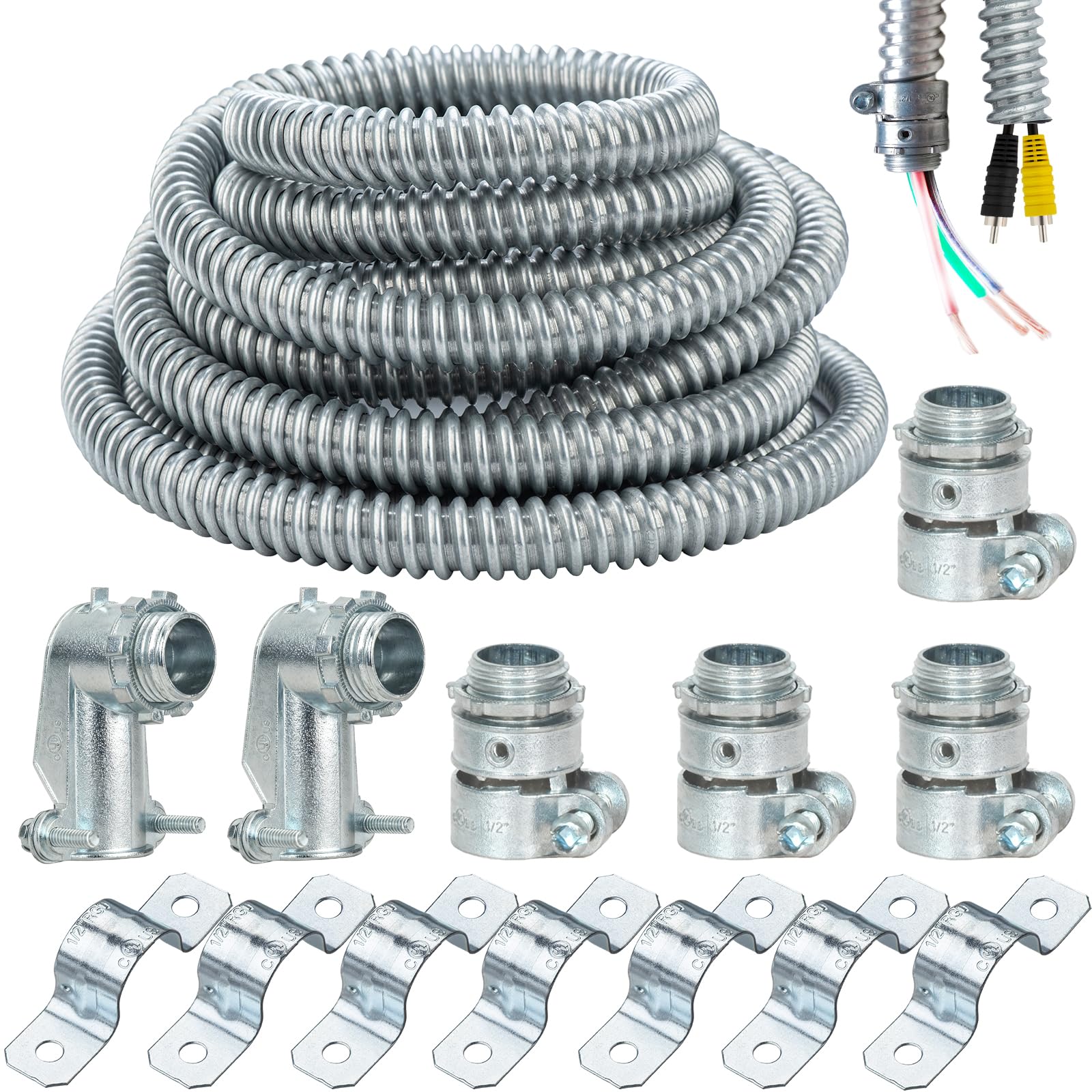 (1/2" Dia * 25 Feet) Yariwiz Flexible Steel Electrical Conduit Liquid Tight Steel Conduit Kit with 3 PCS Coupling, 3 PCS Elbow and 7 PCS Strap, Flex Liquidtight Wire S-LCCK-0.5-25FT-KIT-image-43