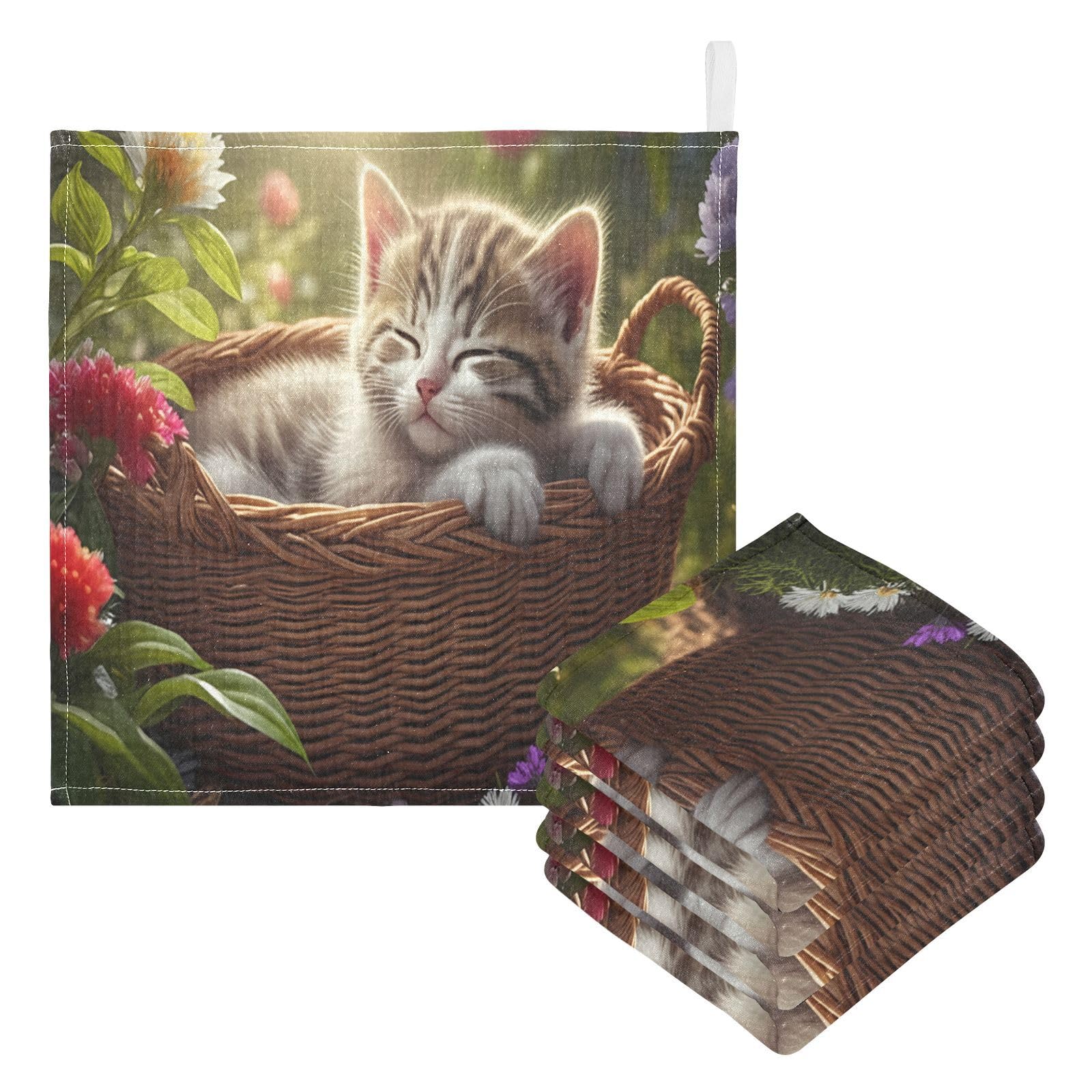 Kigai Cat in The Basket Baby Washcloths,5pcs Ultra Soft Absorbent Towel,Newborn Bath Face Towel, Natural Reusable Baby Wipes for Sensitive Skin, Baby Registry as Shower