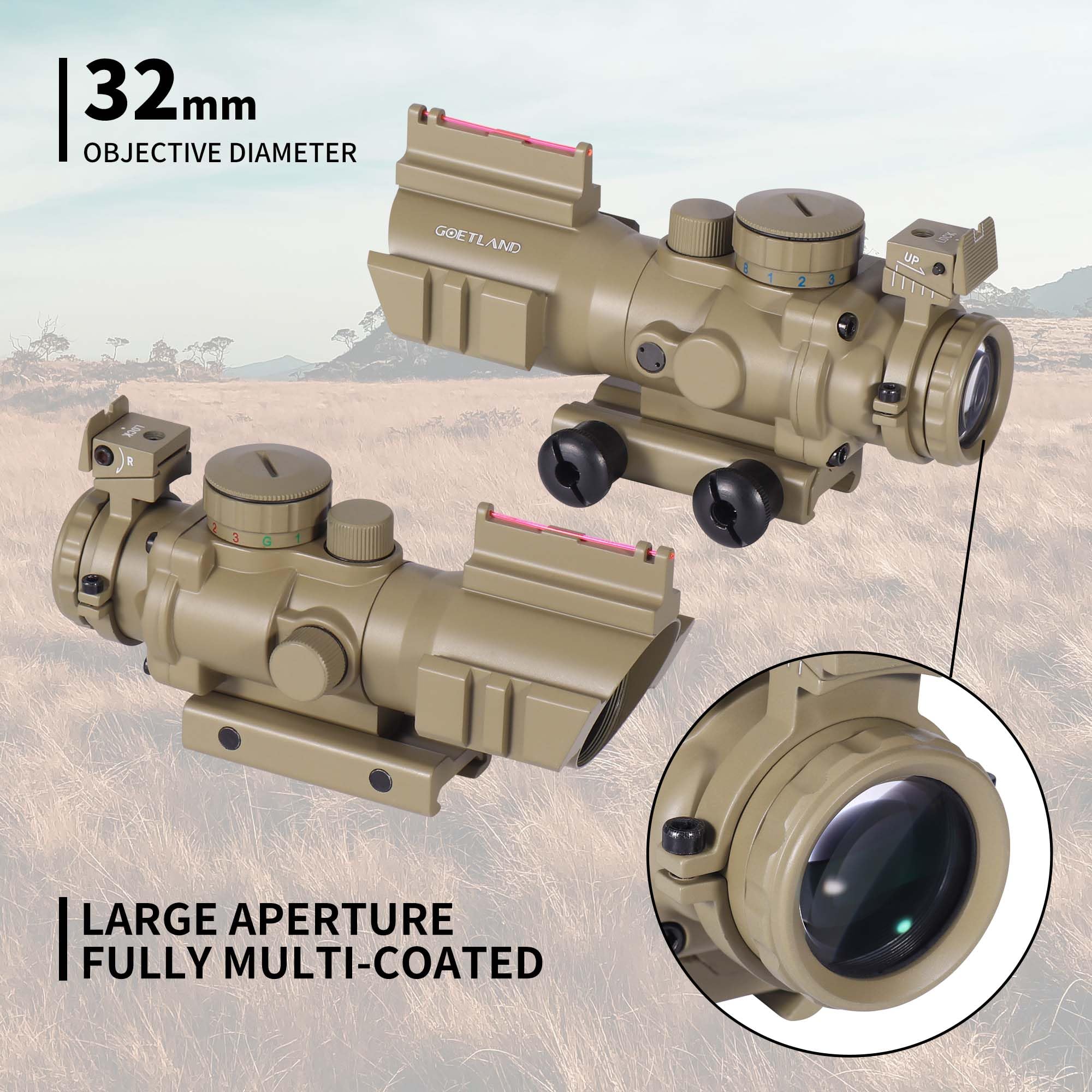 Goetland 4x32 Ottica per Carabina Aria Compressa Cannocchiale da Puntamento Pistola Verde Punto Rosso Red Dot Sight Reflex Sight BDC SFP 20mm