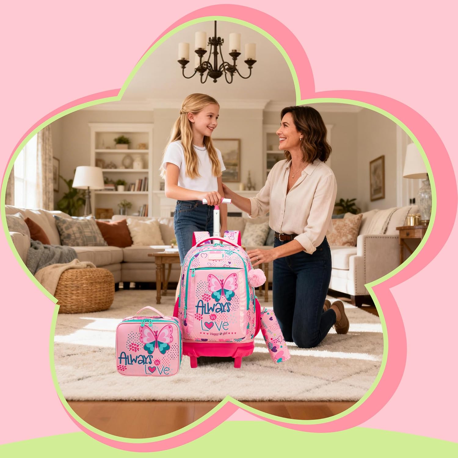 Rolling Backpack for School Backpack with Wheels for Girls with Lunch Bag Cute Carry On Backpacks for Elementary Student
