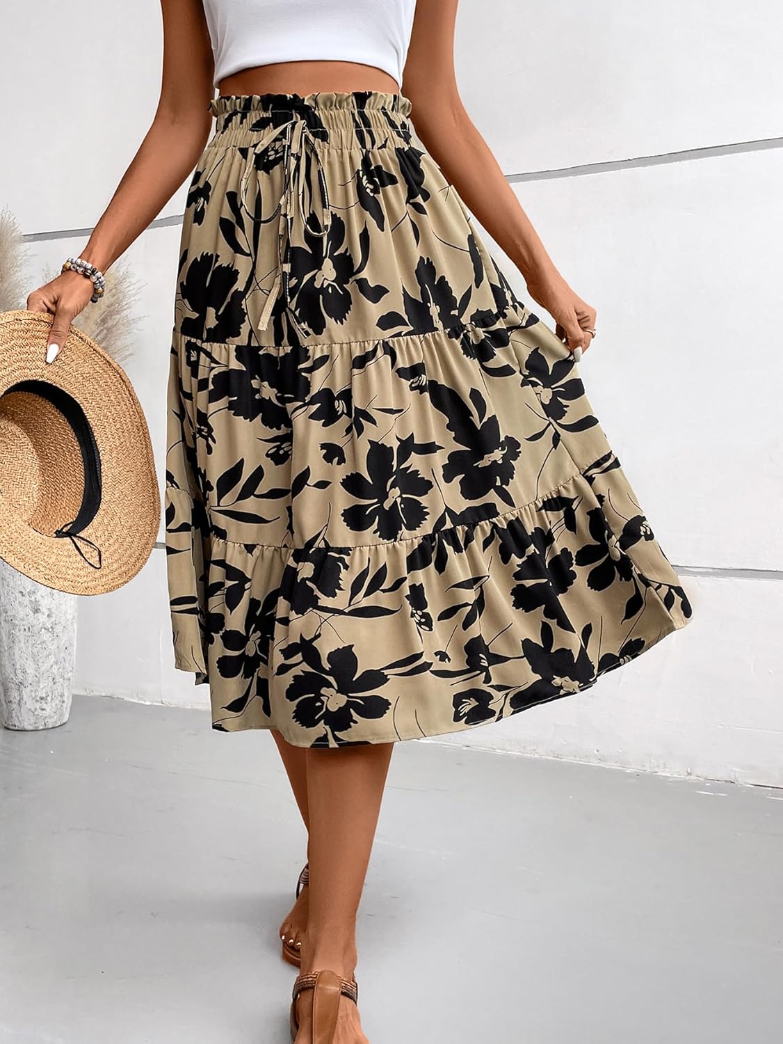 Women's Floral Tiered Midi Skirt Elastic Waist Dressy Casual A-line Summer Boho Skirts - Image 3