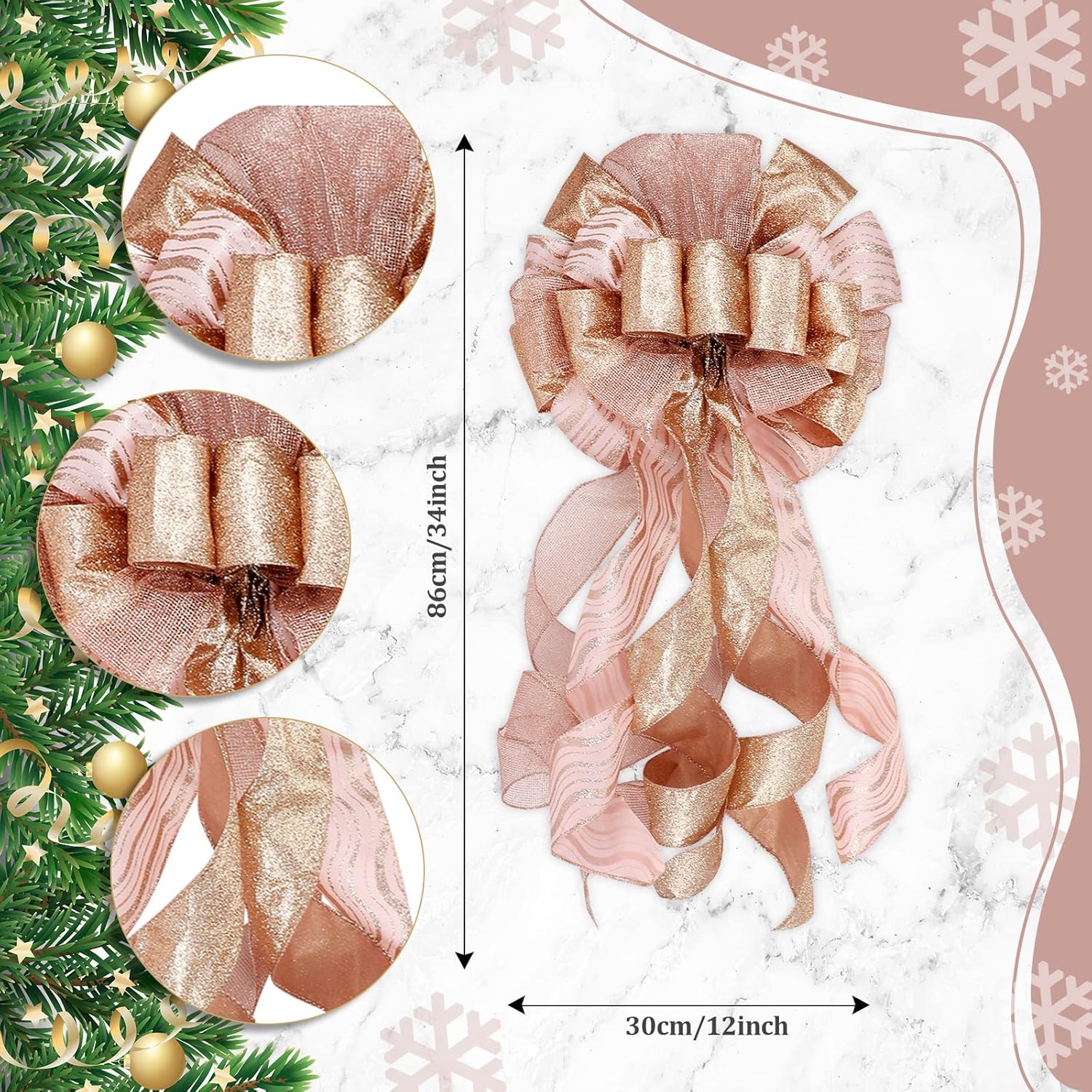 26 Pcs Christmas Tree Decorations Include 12 x 33 Inch Large Christmas Tree Topper Bow, 24 Pcs Artificial Christmas Glitter Flowers Decorations, 40 Inch Rustic Sequin Christmas Tree Skirt (Rose Gold)