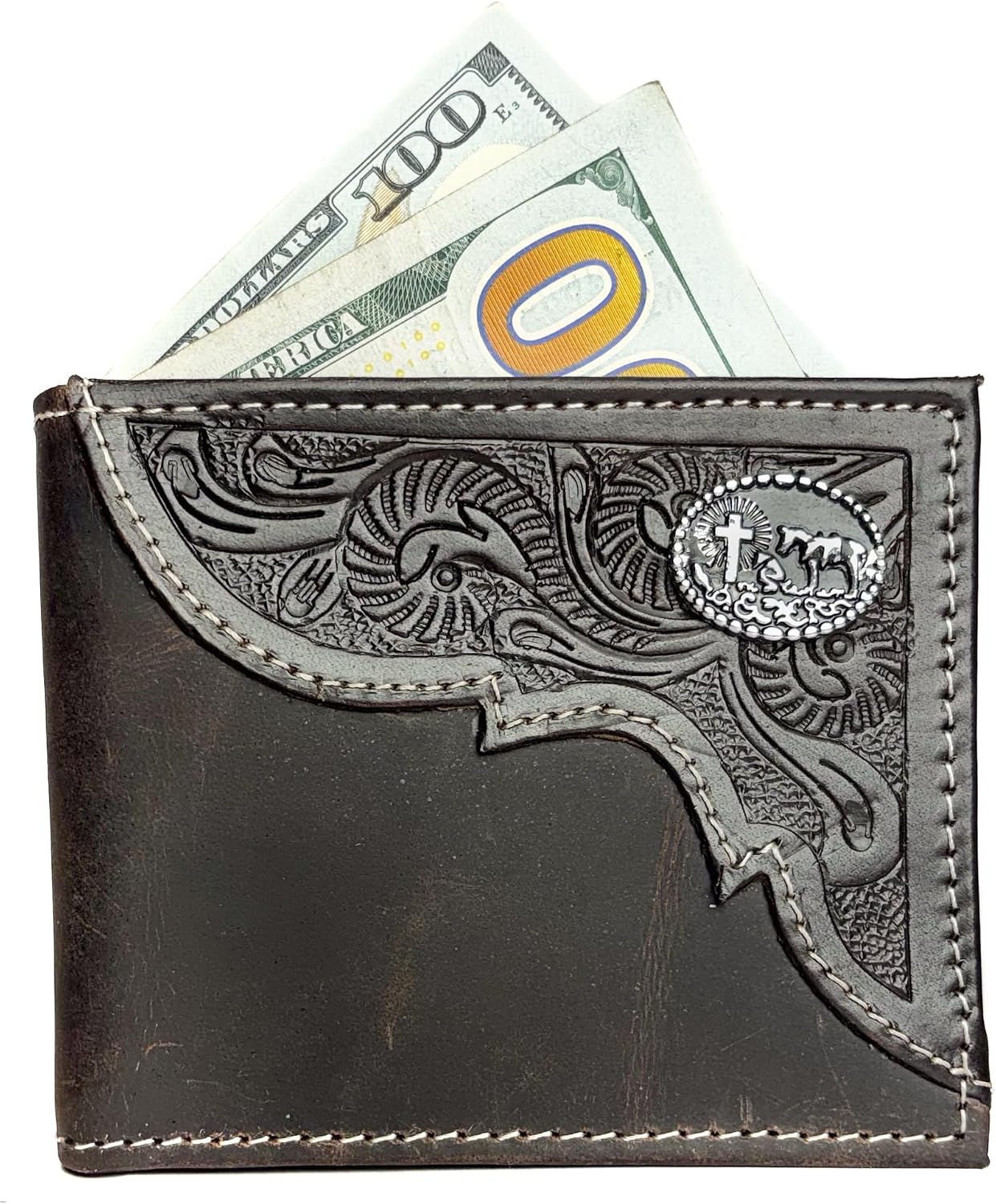 American Bison Tooled Side Bifold Wallet with Conchos–Oil Pull Up Classic Western Craftsmanship & RFID Protection (Kneeling Cowboy, Dark Brown) image 2