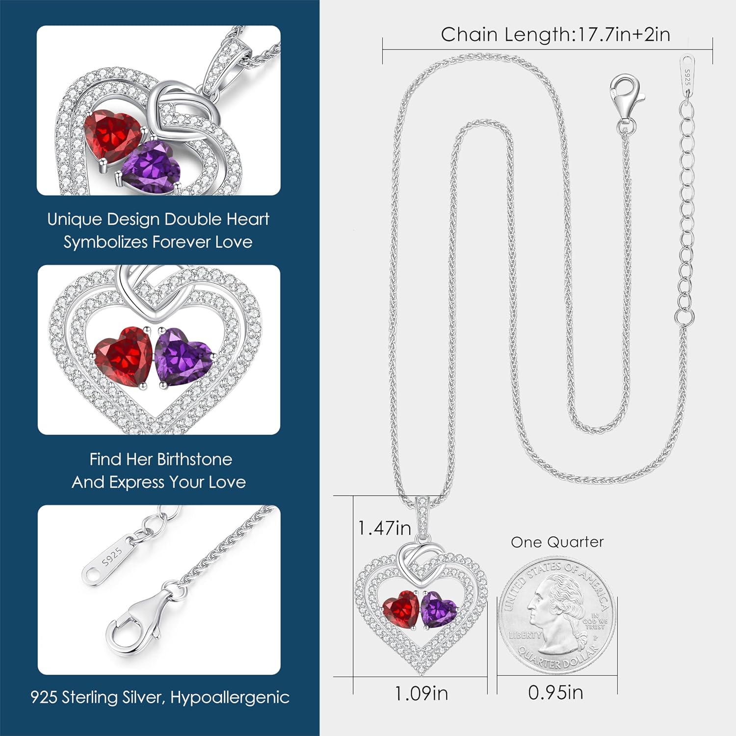 LOUISA SECRET Sparkling Double Heart Birthstone Necklaces for Women, 925 Sterling Silver Fine Jewelry, Pendant Heart Necklaces Birthday Anniversary Christmas Gift for Women Wife Mom Girlfriend Lady - Image 5