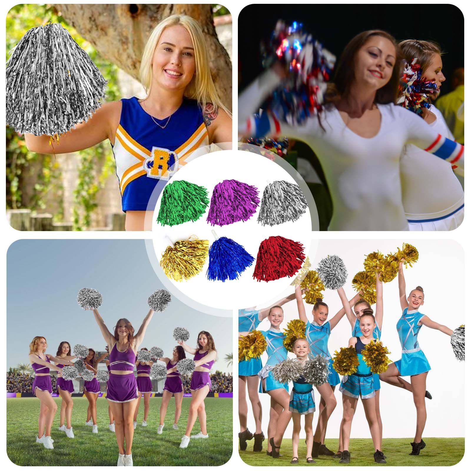 12 pompones de animadoras: pompones de animadora con asas, pompones metálicos claros, bolas de animadoras, bonitas cintas de flores para competencia deportiva, danza, animadoras, adultos, niños