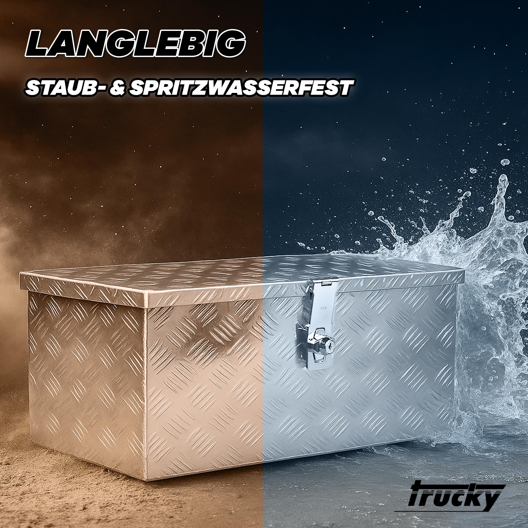 Trucky Skrzynka na samochód z aluminium, model D050, 68 x 31 x 25 cm, zamykana, wytrzymała blacha ryflowana, łącznie z zestawem montażowym, do warsztatu, samochodu, hobby