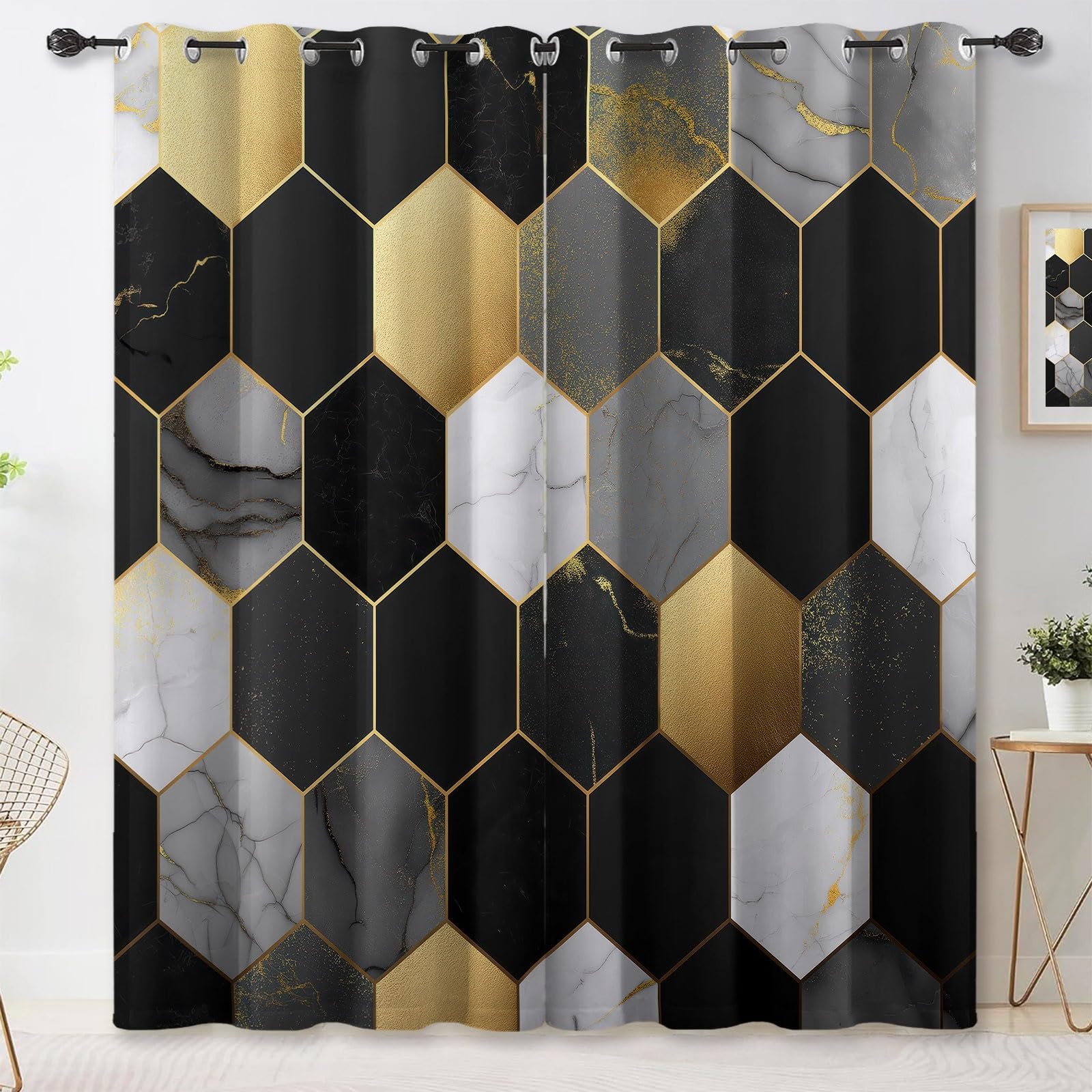 Nordique Abstrait Rideau Occultant, Géométrie Texture Marbrée Carrelage Rideaux, Thermique Isolant Polyester Rideaux à Oeillets, pour Chambre Cuisine Décoration 110 X 215 cm (LxH) (L x H), Lot de 2