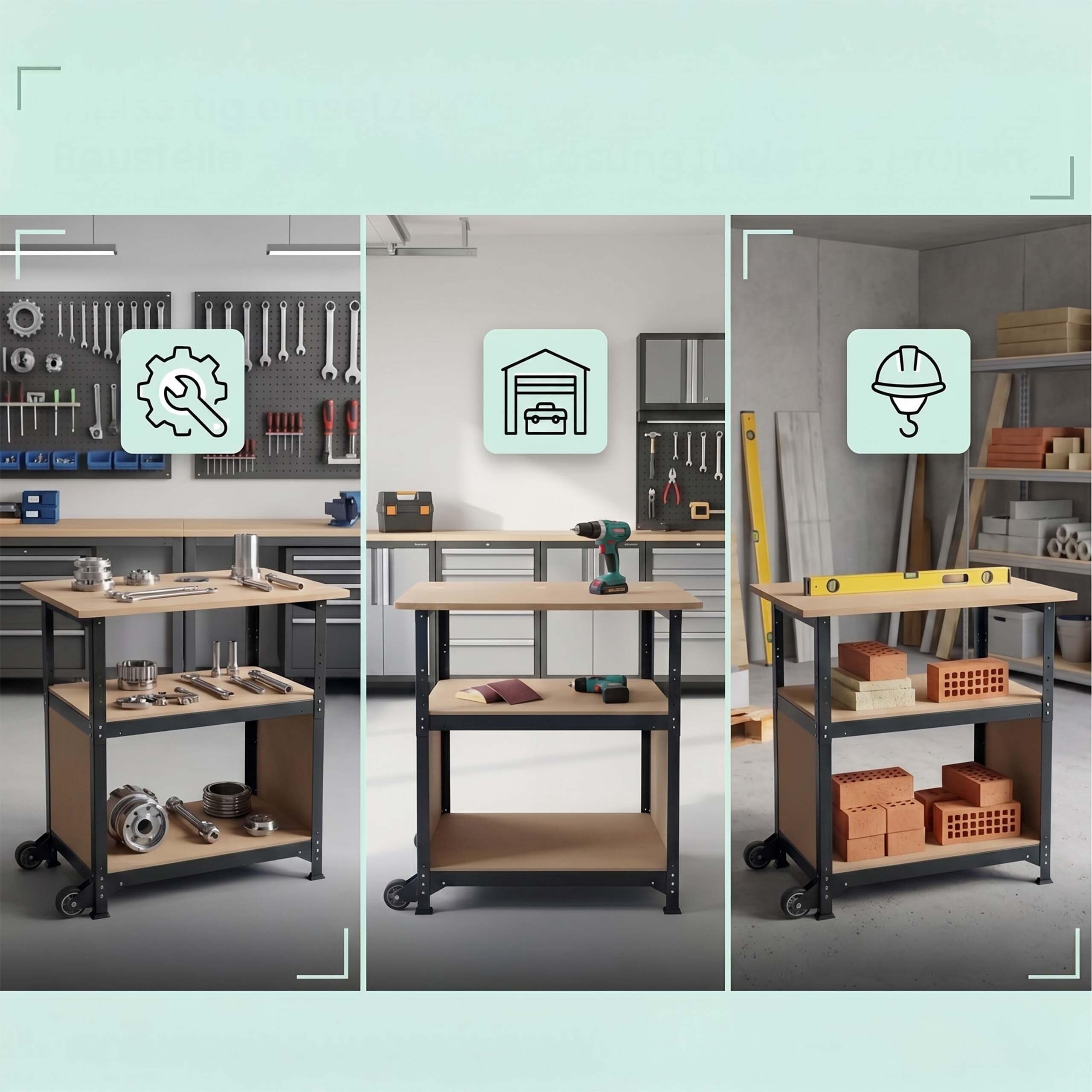 Banco de Trabajo con Ruedas Relaxdays, 69,5x72,5x50 cm, Ajustable, Bandeja y Panel Perforado, Acero/MDF, Negro