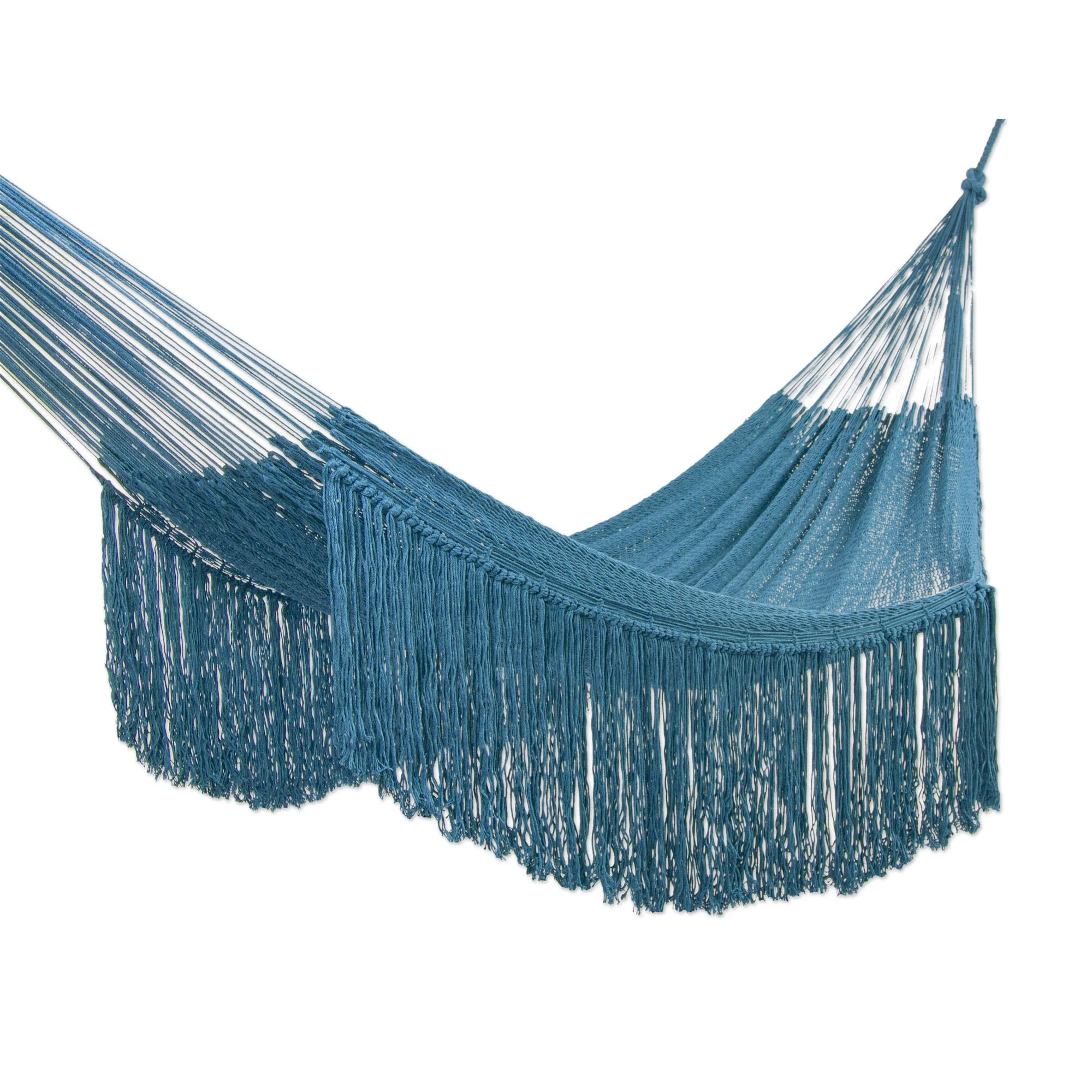 NOVICA Cotton Rope Hammock Turquoise from Mexico Double Blue Solid Bohemian Tropical Decor 'Caribbean Blue Cascade'(Double)