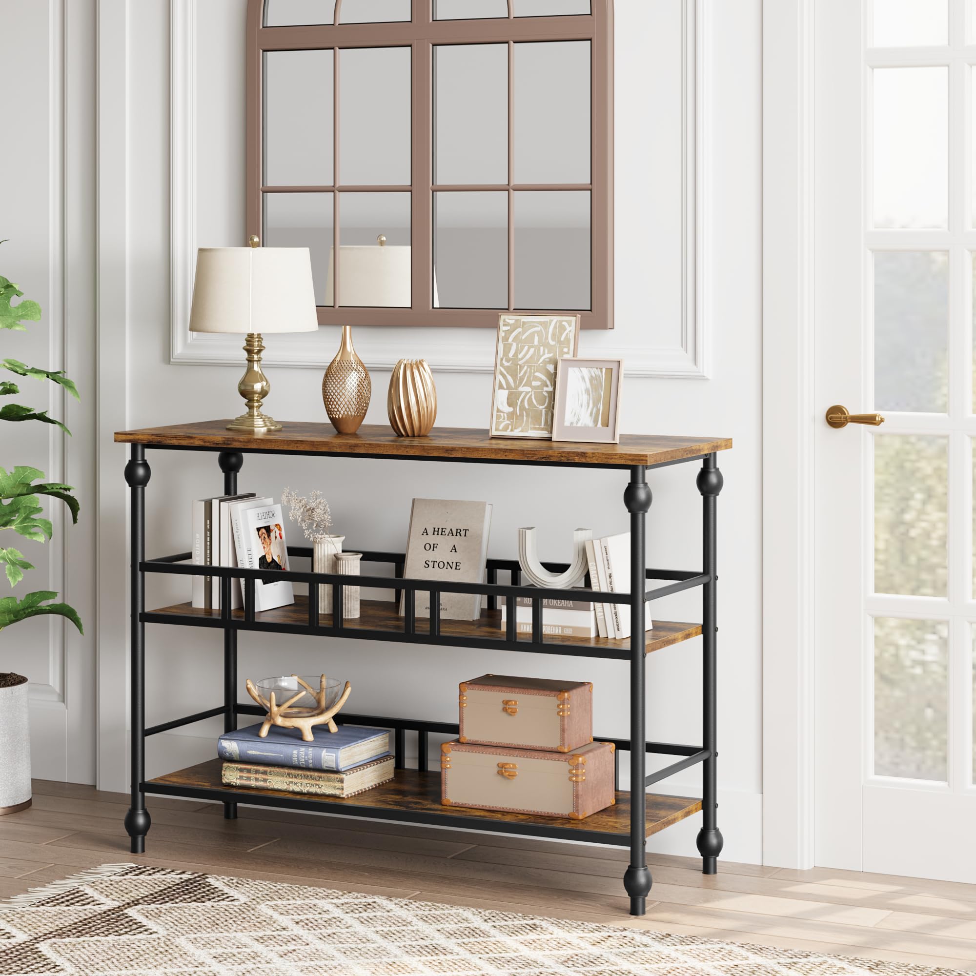 Mesa consola estrecha 43" - 3 niveles con estantes - Mesa auxiliar para entrada, detrás del sofá o pasillo - Estilo rústico con almacenamiento - Ideal para salón, dormitorio y recibidor - clásico