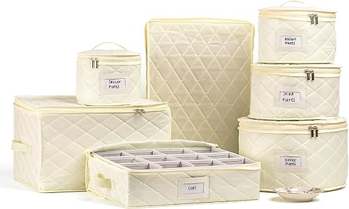 Teemto Contenedores de almacenamiento de China acolchados. Kit de almacenamiento de platos de 7 piezas con 48 interiores de fieltro cortados a