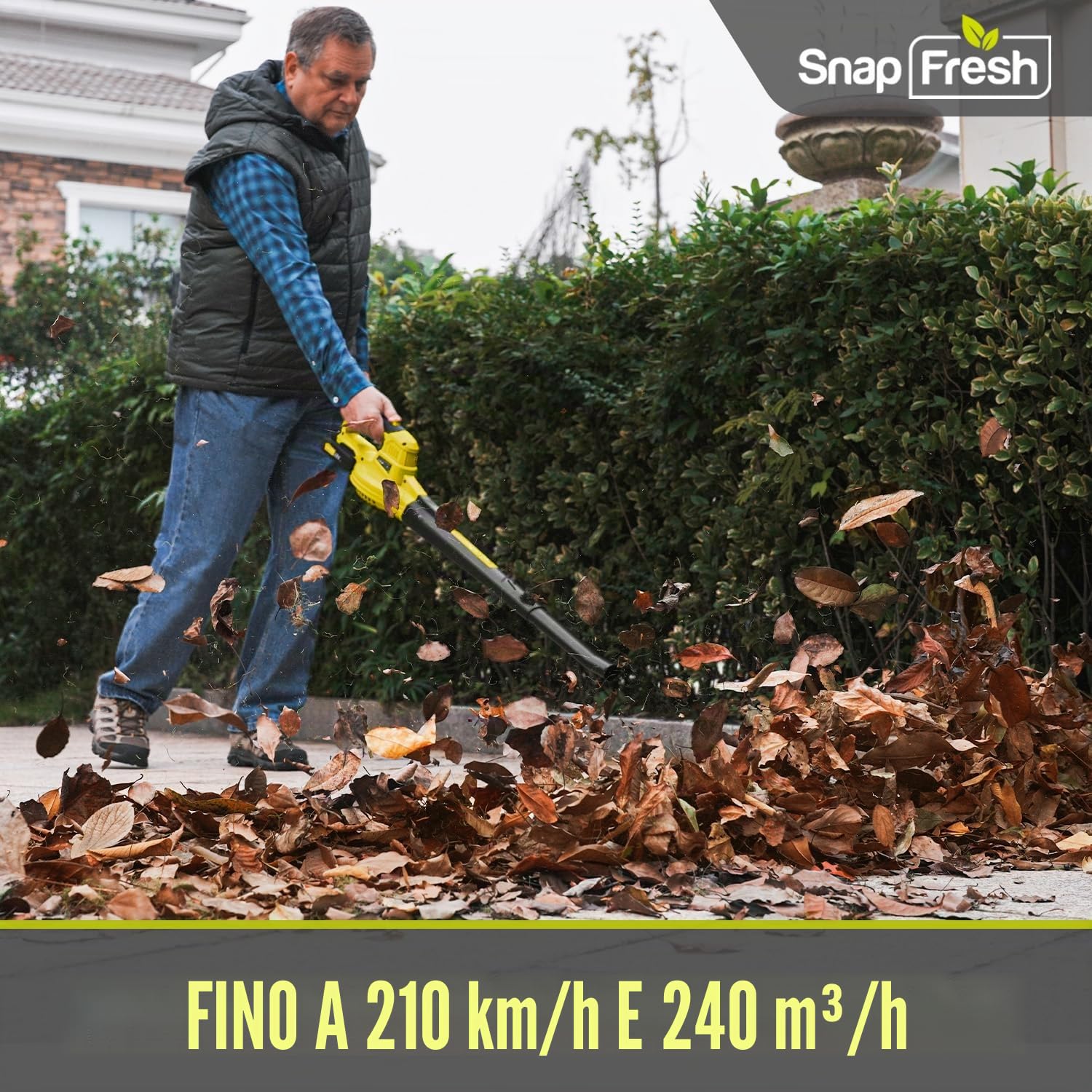 SnapFresh Soffiatore a Batteria 20V Soffiatore Elettrico Parkside Soffiatore per Foglie con Batteria e Caricabatterie 210 km/h 240m³/h / 2 Modalità /1,2kg per Foglie/Prato/Auto/Polvere (Giallo)