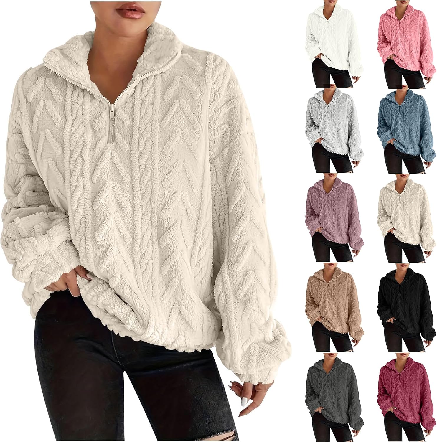 Sherpa Pullover Womens Fuzzy Oversized Quarter Zip Sweatshirt Thick Jacquard V Neck Fleece Sweater Winter Clothing