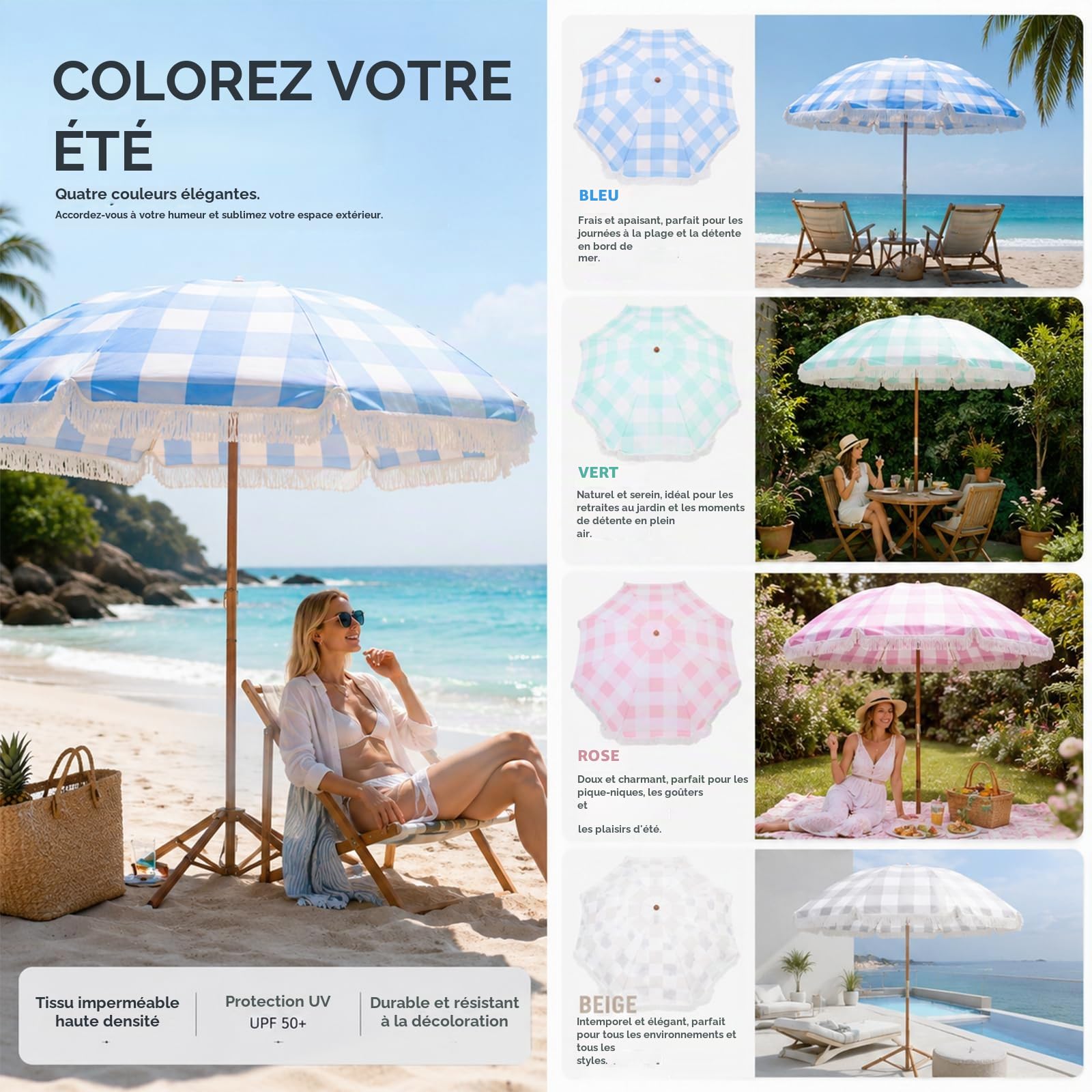 Parasol de Plage à Carreaux avec Franges Parasol de Jardin Vintage Inclinable à 45 Degrés UPF 50 Plus Grand Extérieur Portable Terrasse Pique-Nique