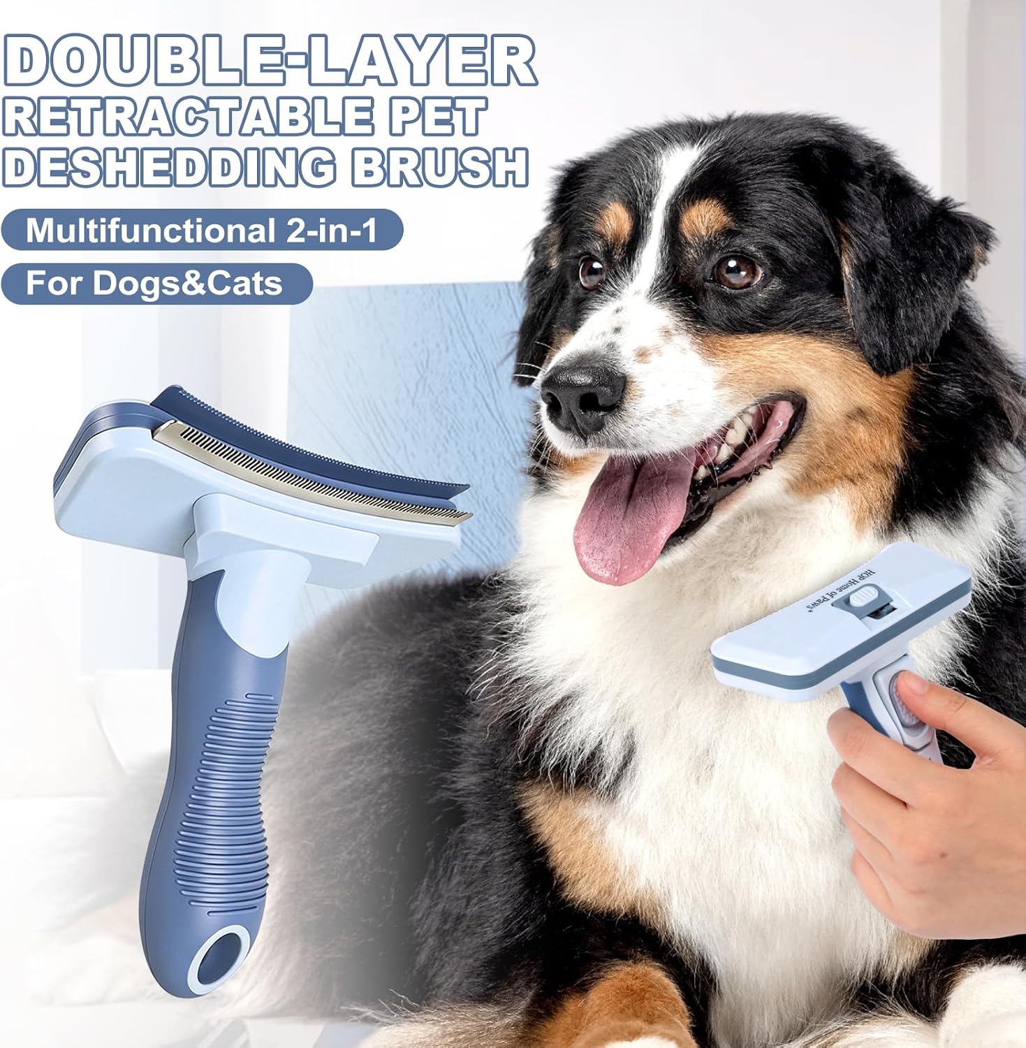 HOP Blue 2-in-1 Double-Layer Retractable Pet Deshedding Brush for Dogs&Cats