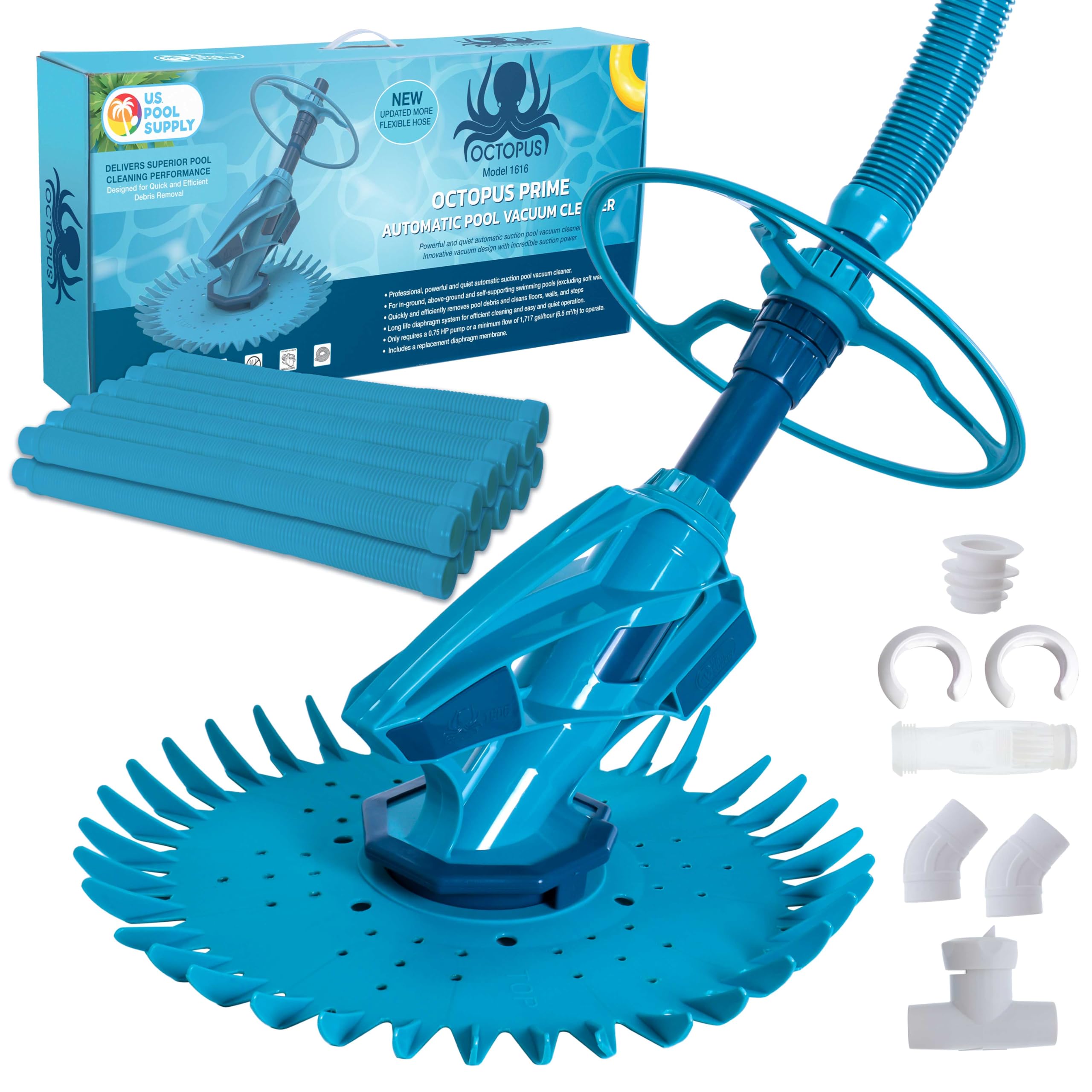 U.S. Pool Supply Octopus Prime Suction Pool Cleaner, Inground Automatic Pool Vacuum Cleaner with Hose - Swimming Sweeper Vac Cleaning Suction-Side Cleaners - Auto Creepy Sweeps Removes Debris, Leaves