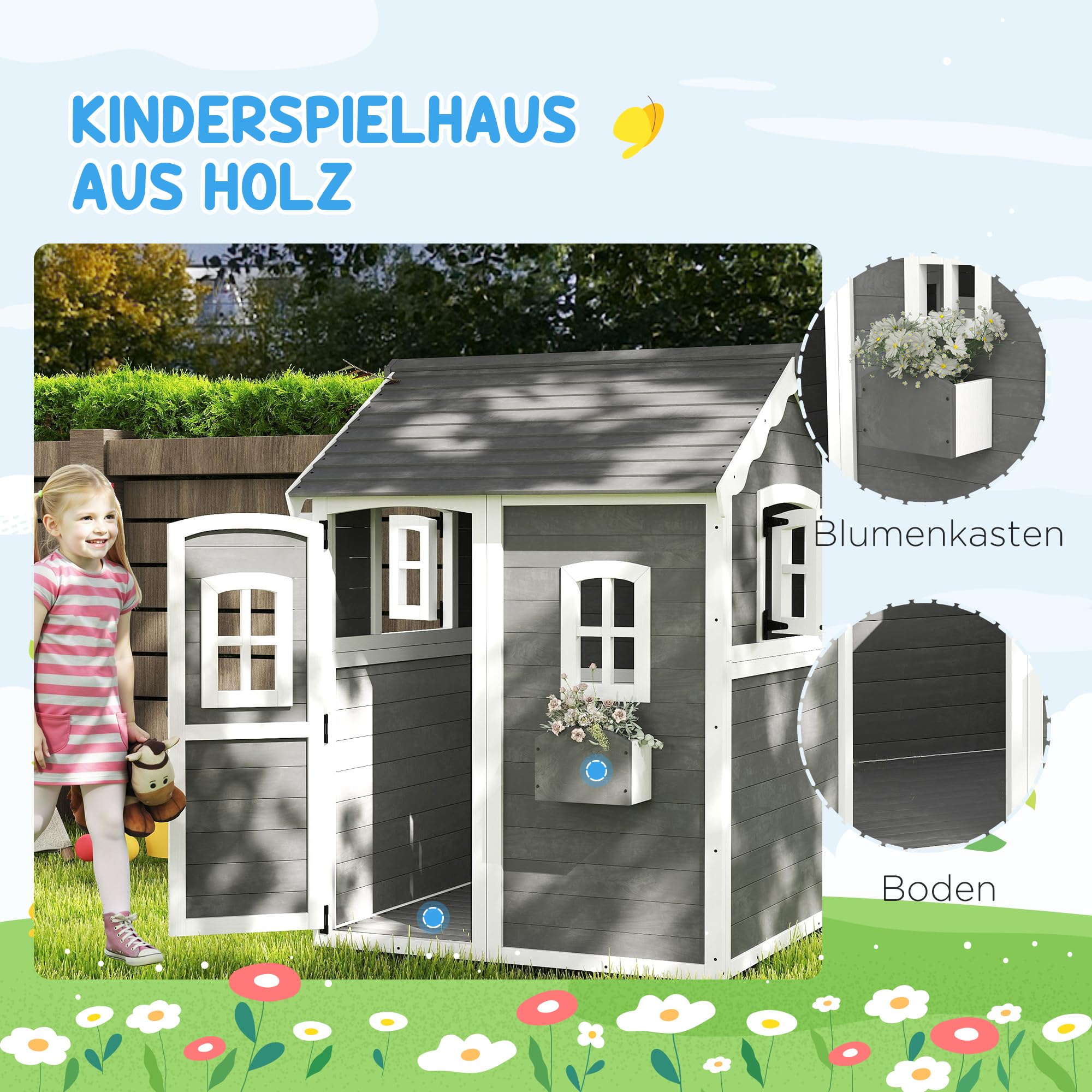Outsunny Kinderspielhaus aus Holz mit Tür, Fenster, Gartenhaus Pflanzkasten für Kinder 3-8 Jahre
