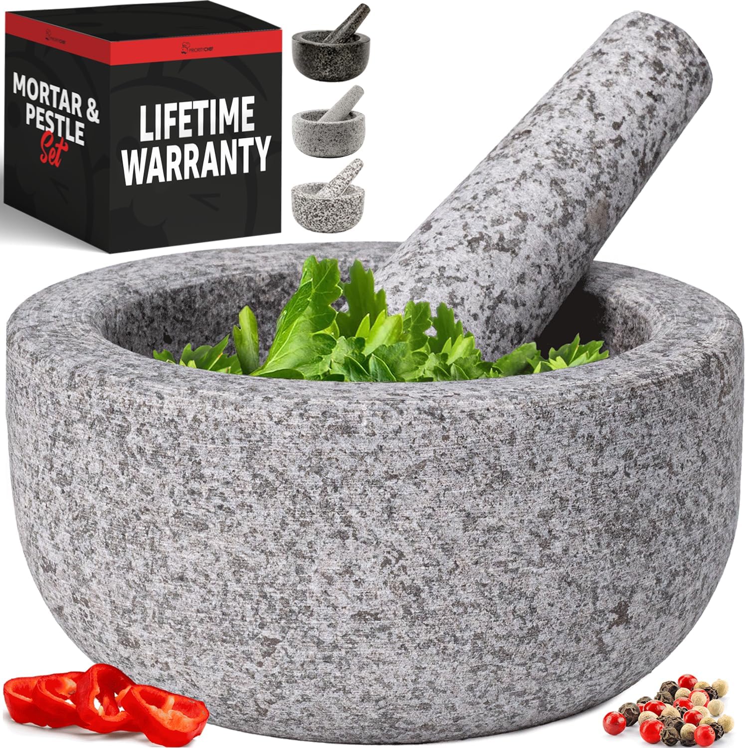 PriorityChef Heavy Duty Small Mortar and Pestle Set, Hand Carved from Natural Granite, Make Fresh Guacamole, Salsa, Pesto, Stone Grinder Bowl, Herb Crusher, Spice Grinder, 5.5" Wide, 1.5 Cup, Grey