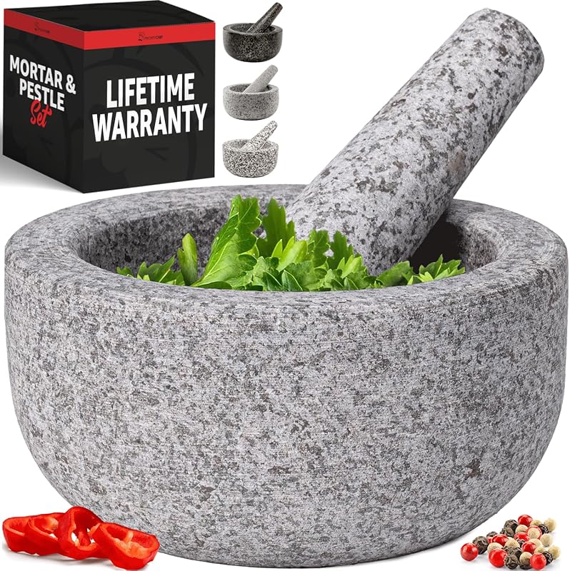 Juego de mortero y mortero grande resistente de 1,5 tazas, granito 100% natural, tazón de 4,72 pulgadas de diámetro, mortero de 6,2 pulgadas, base antideslizante, molinillo de piedra para guacamole salsa pesto hierbas especias, gris
