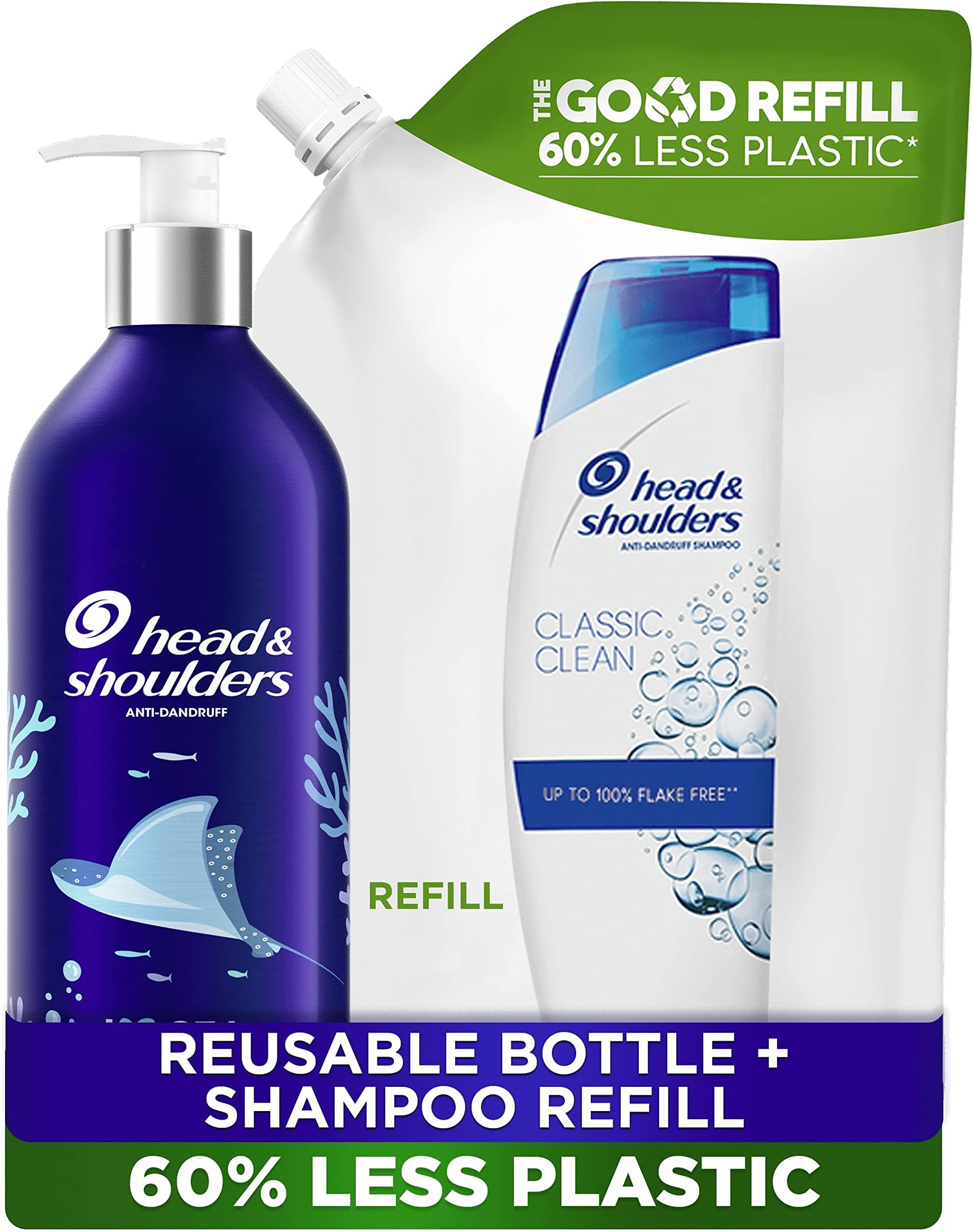 Head & Shoulders Classic Clean Anti Dandruff Shampoo Refillable Aluminium Bottle with Pump Dispenser and Refill Pouch, 910 ml, 60% Less Plastic, Sustainable Gift Set