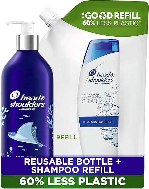 Head & Shoulders Anti-Dandruff Shampoo, Refillable Shampoo Set, Reusable Aluminium Bottle (430 ml) + Refill Pouch (480 ml), Classic Clean Shampoo For Men & Women, Eco Friendly Gift, 910 ml