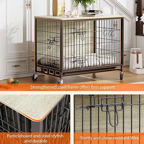 Miniatura 7 de Mueble de jaula para perros de 38.6 pulgadas, perrera de interior con puertas dobles, ruedas y bandeja extraíble, mesa auxiliar moderna para perros