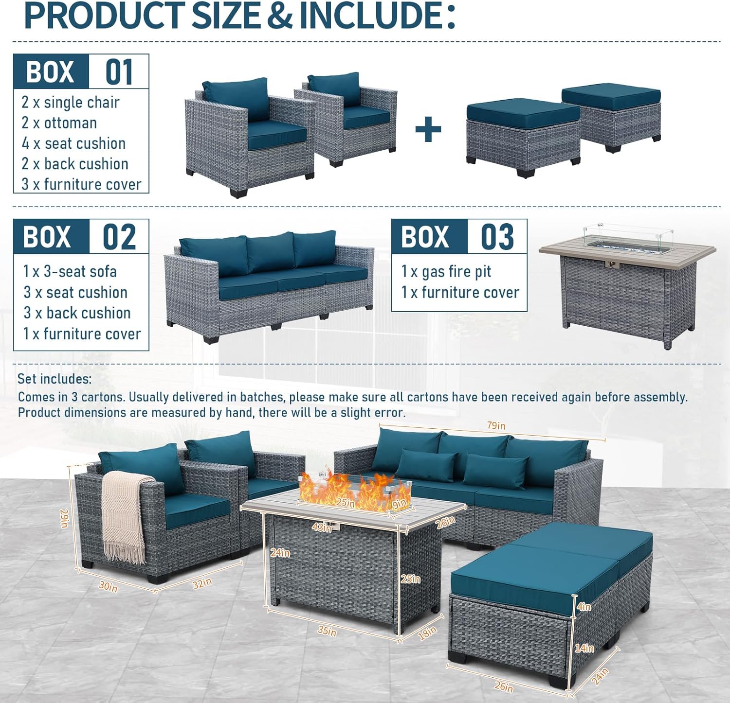 Lviden 6 Pieces Wicker Patio Furniture Sets Outdoor Conversation Set HDPE Rattan Sectional Sofa Couch with 45" Fire Pit Table and Peacock Blue Cushions