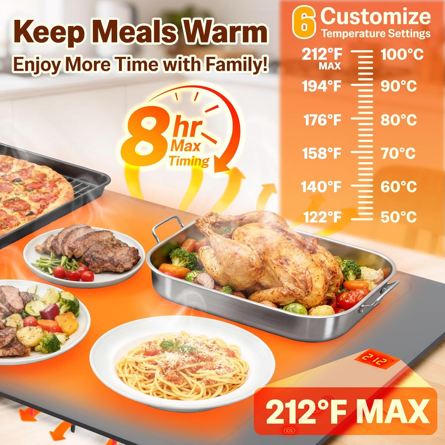 Warming Mat For Food Extra Large 36"x16" Quick, Full-Surface Heating Portable Food Warming Mat 6 Temp Levels, 8-Hour Timer, IPX7 Electric Warming Trays Rollable Silicone Food Warmer for Parties Buffet