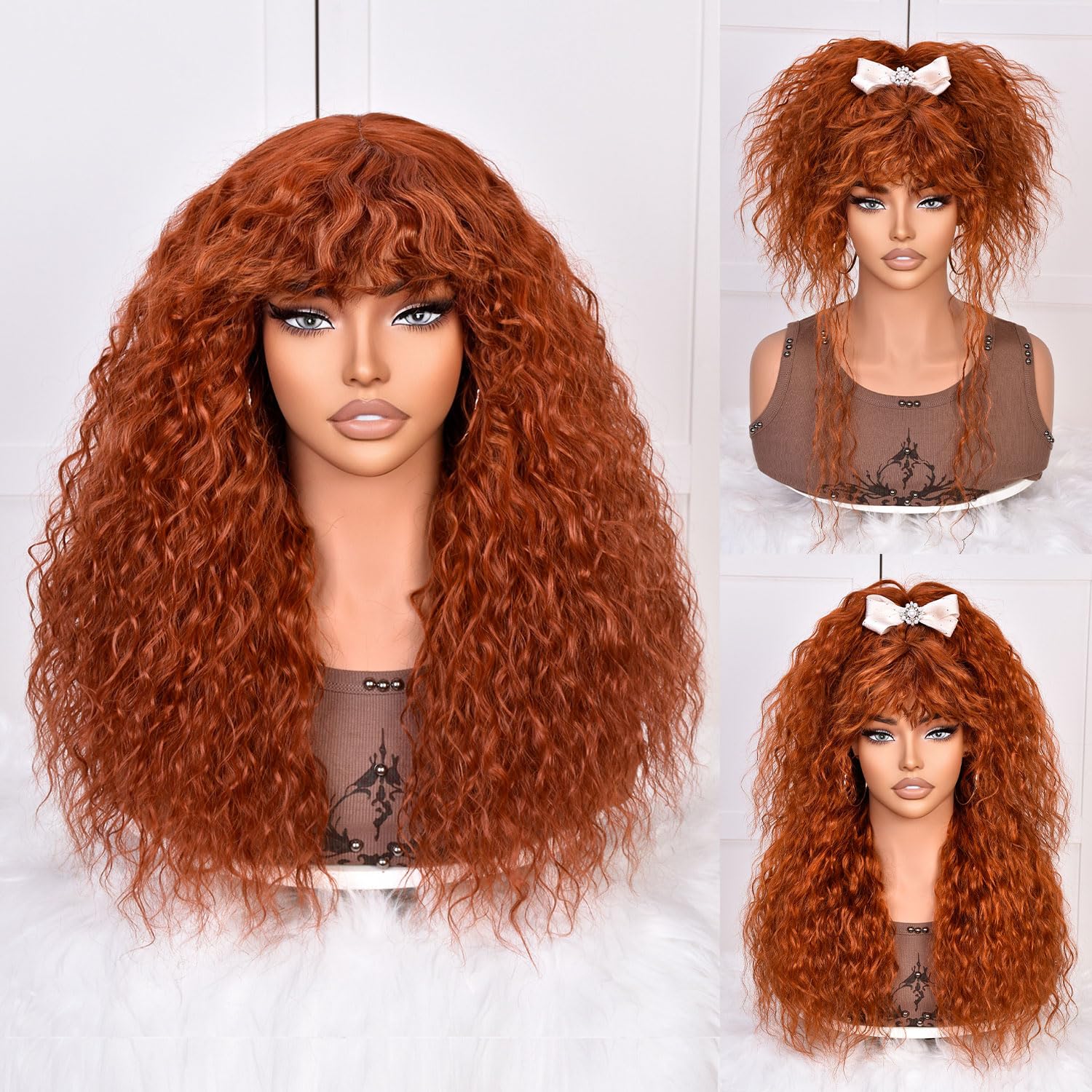 Lizzy 18Inch Curly Human Hair Wigs for Women with Bangs Bouncy Natural Curly Wig 180% Density Long Kinky Curly Hair for Daily Use (giner brown)