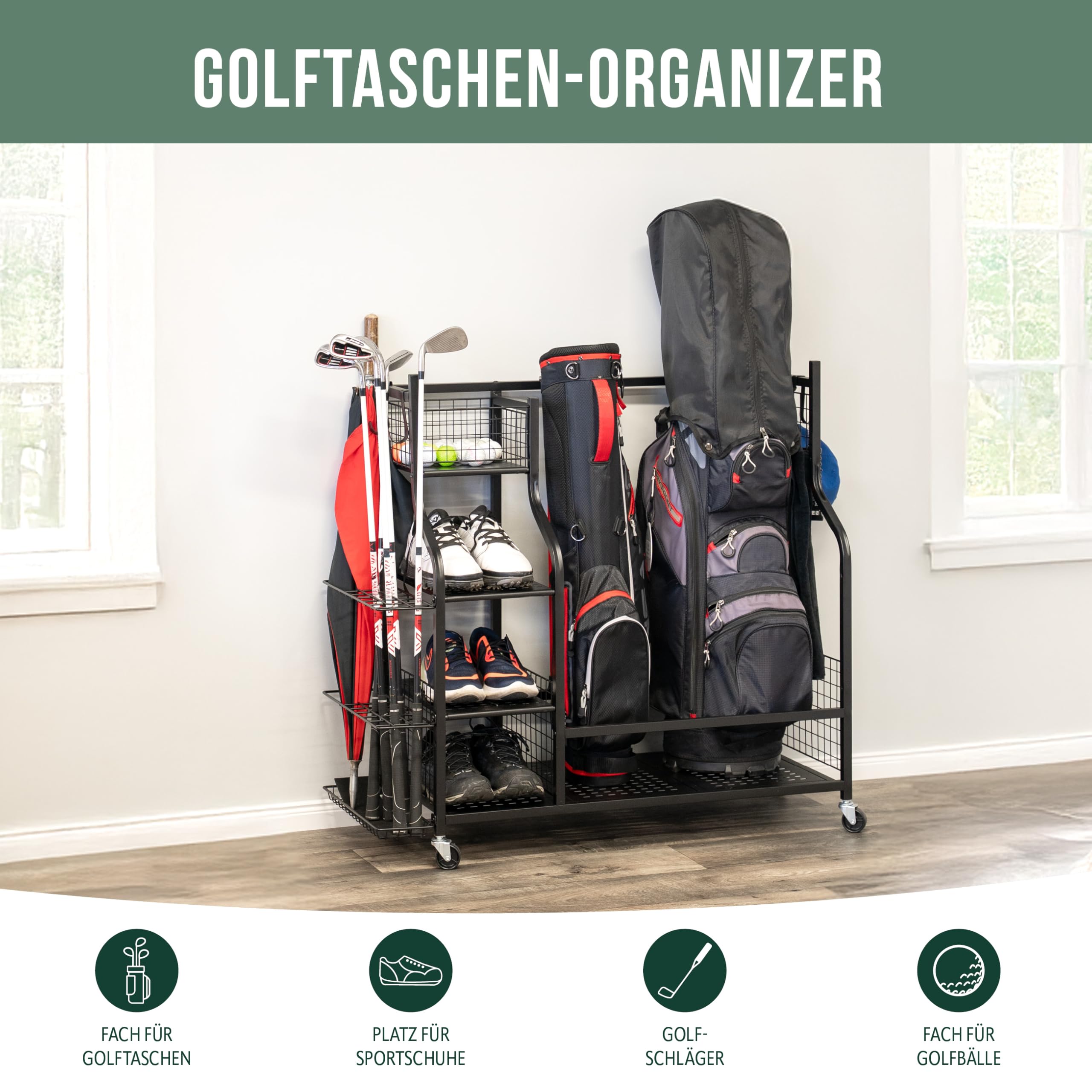eluno Golftaschen-Organizer, Regalwagen mit stabilen Ablagefl�chen und K�rben, Aufbewahrungsregal passend f�r 2 Golftaschen und Golfausr�stungszubeh�r, Golftaschenhalter, aus schwarzem Stahl
