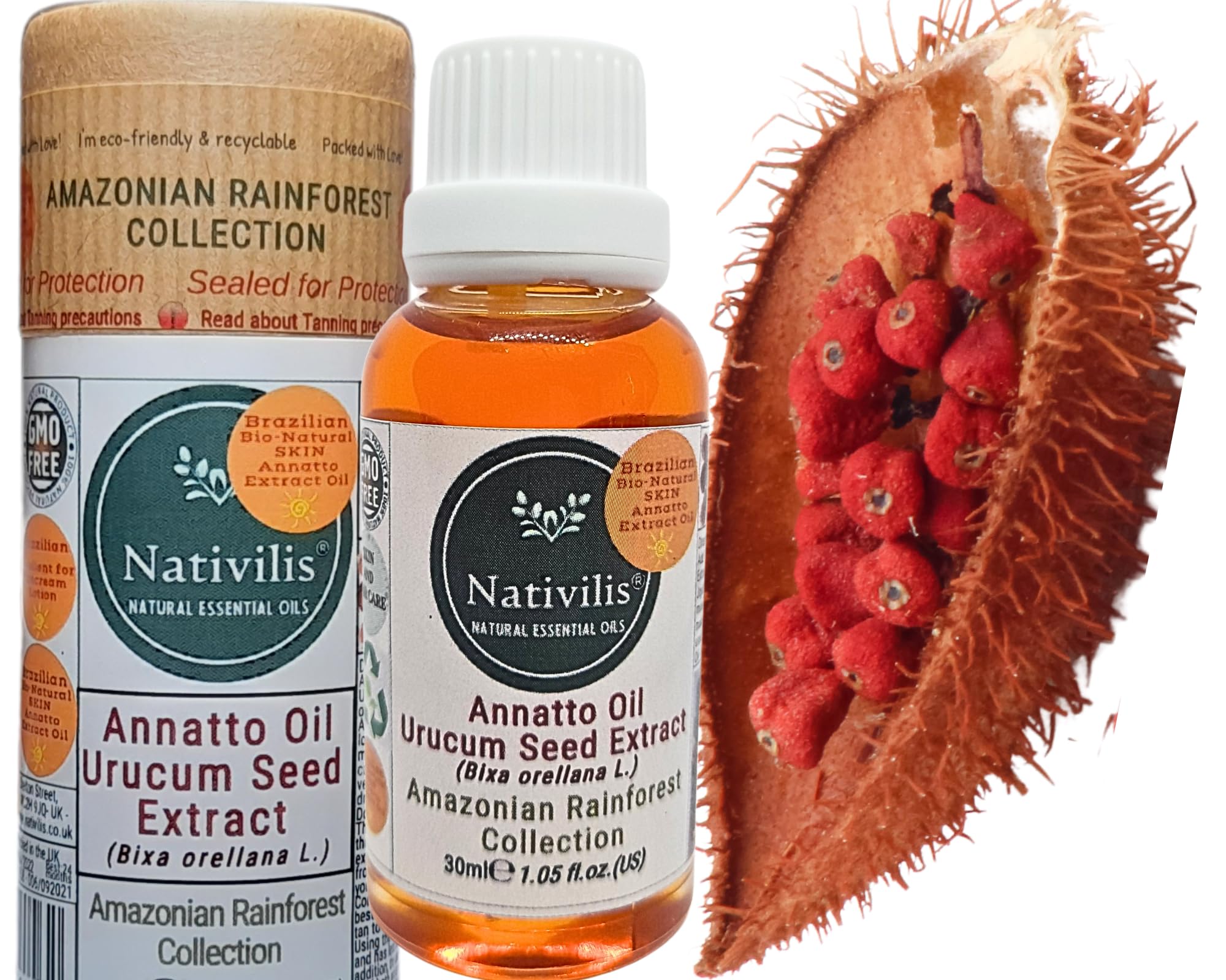 Nativilis Amazonian Urucum Seed Extract Annatto Oil 30 ml (Bixa orellana L.) Emolient for Suncream Lotion