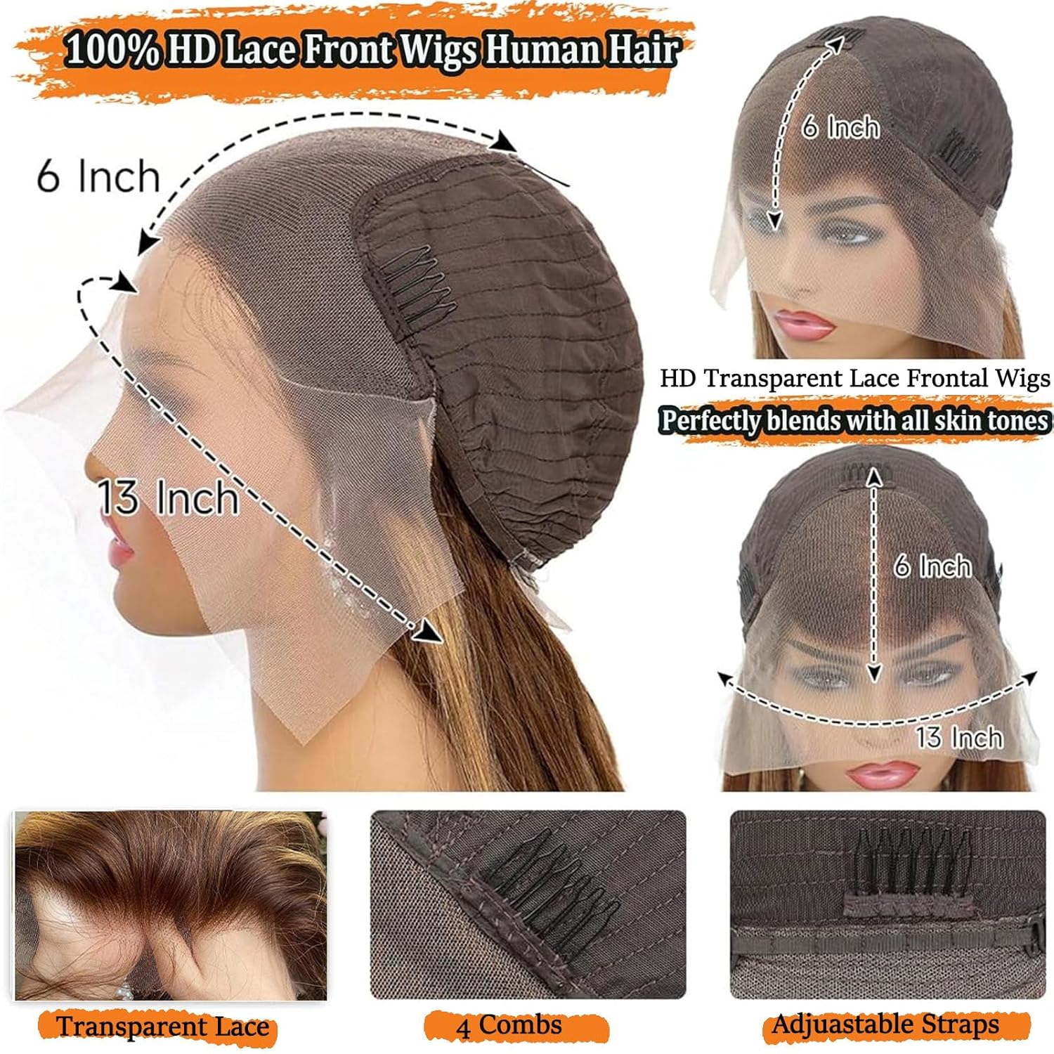 24inch Brown Highlighted Wig Human Hair 13x6 Straight Lace Front Wigs Human Hair Pre Plucked With Baby Hair 180% Density Glueless 4/27 Blonde Highlight Wig