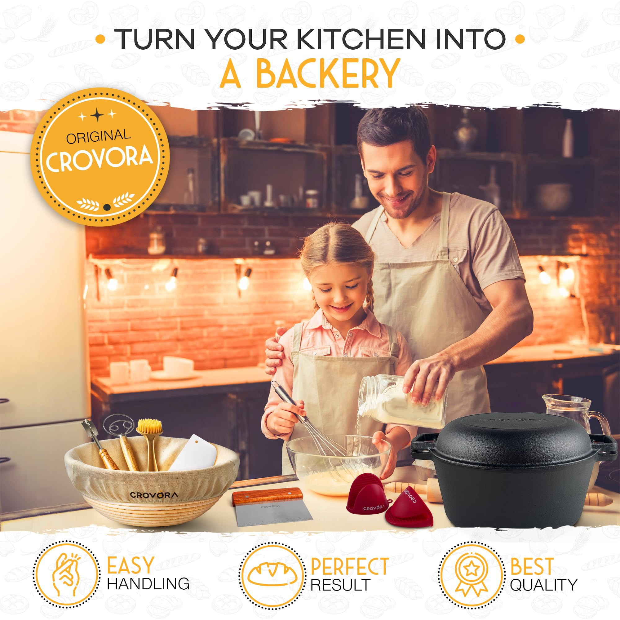 Crovora Pre-Seasoned Cast Iron Dutch Oven for Bread Baking with Skillet Lid - Incl. Sourdough Bread Baking Supplies like Banneton Bread Proofing Basket, 5QT Cast Iron Bread Pan, Bread Oven