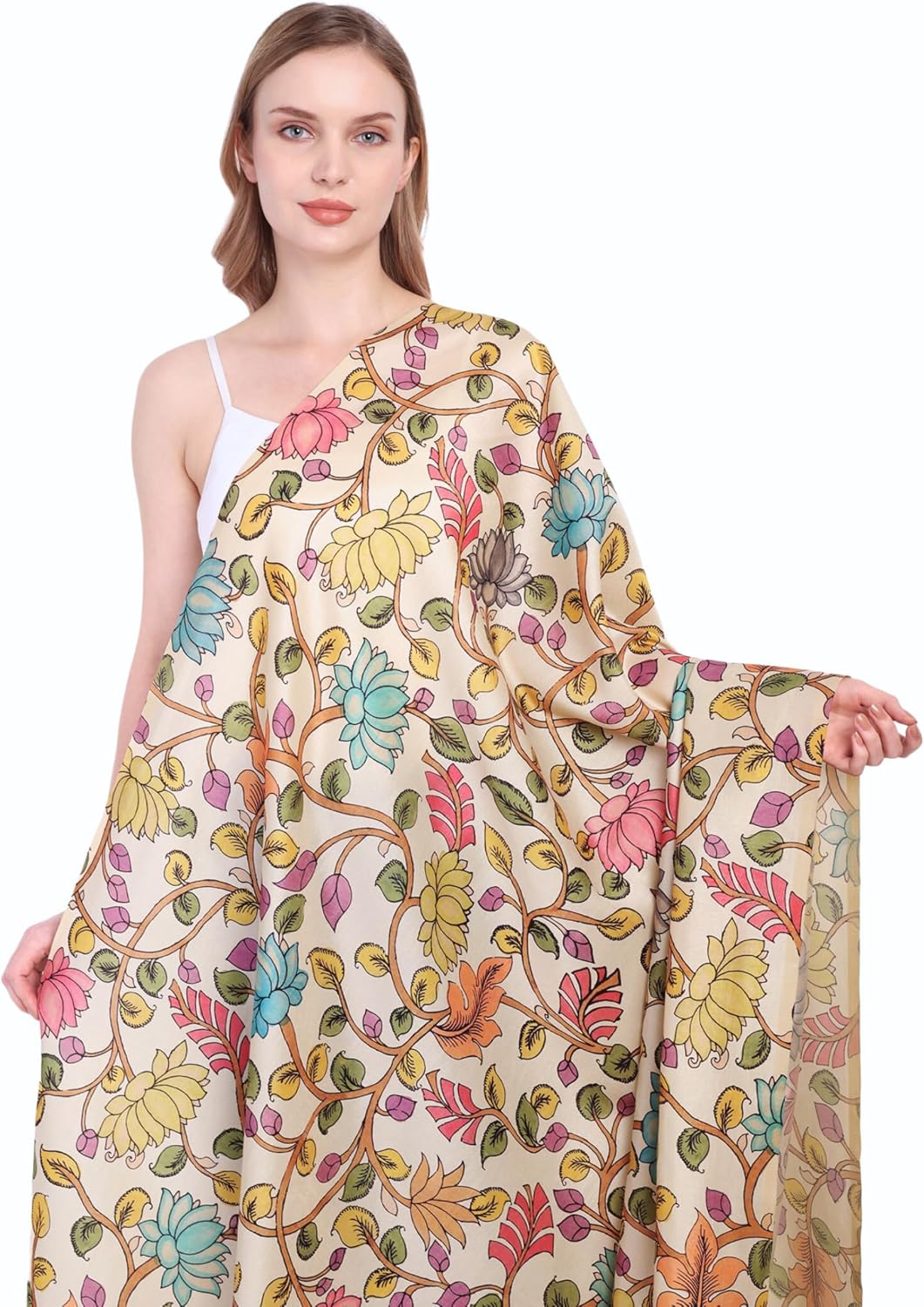 Premium Bohemian Floral Faux Silk Fabric by The Yard | Lightweight Ethnic Indian Print (Kalamkari Style) for Sewing, Dressmaking, Crafts & Home Décor (3 Yard pre Cut, Kalamkari Pattern 7)