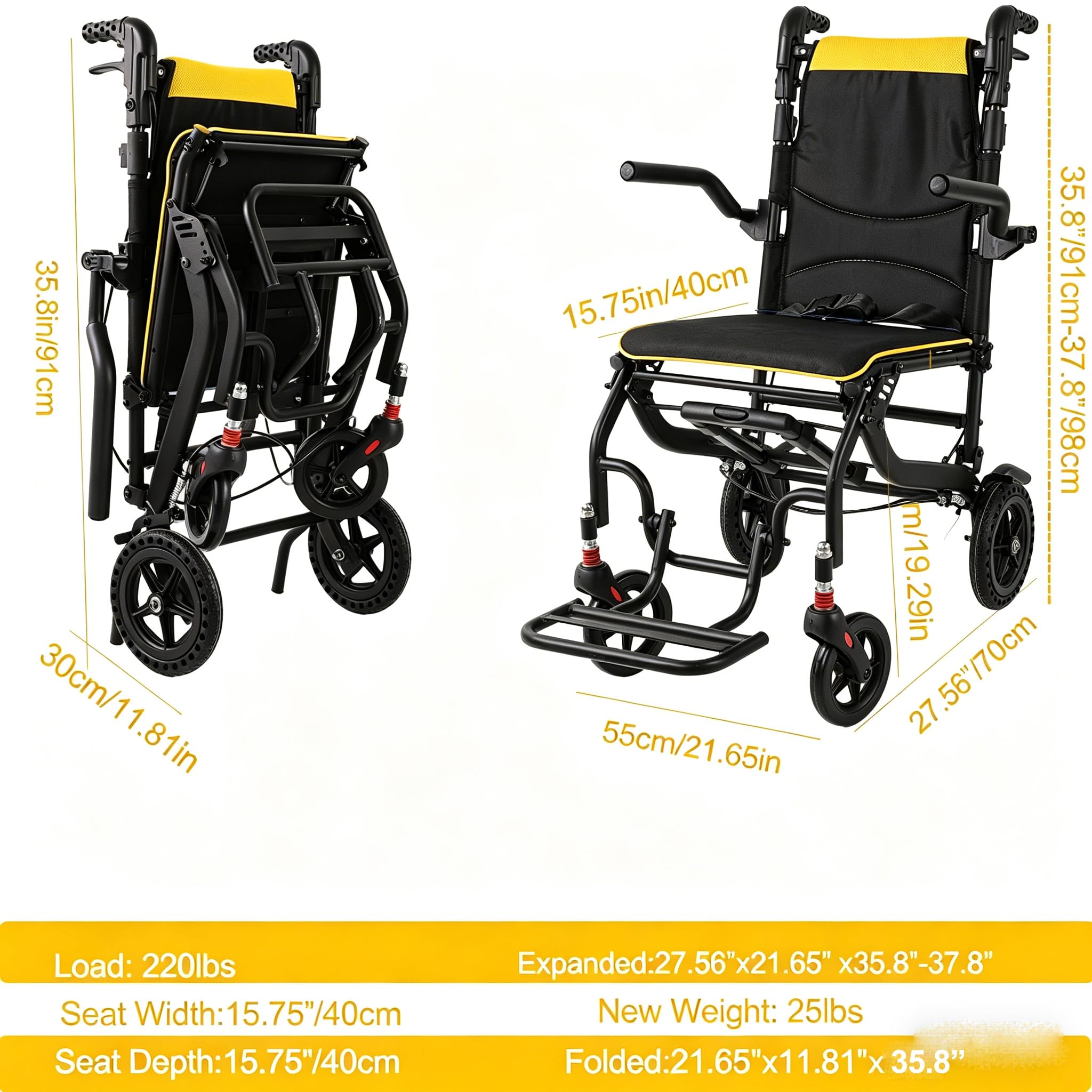 Silla de ruedas plegable ligera 2026, respaldo ajustable, neumáticos de panal de abeja de, sillas de transporte con mango telescópico, reposapiés plegables y reposabrazos, hasta 100kg