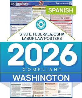 2026 Washington Labor Law Poster – State & Federal Compliance in Spanish – OSHA, EEOC, FMLA, Minimum Wage – Durable, Laminated & Waterproof Workplace Employment Poster – Made in USA – 26” x 39.5”