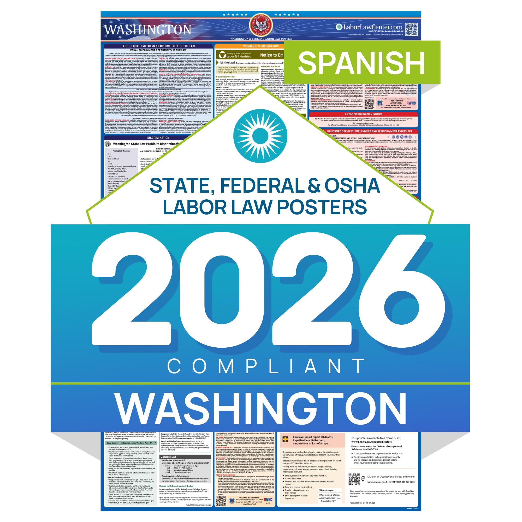 Labor Law Poster Washington 2026, Spanish, State, Federal Notices 26 x 39.5
