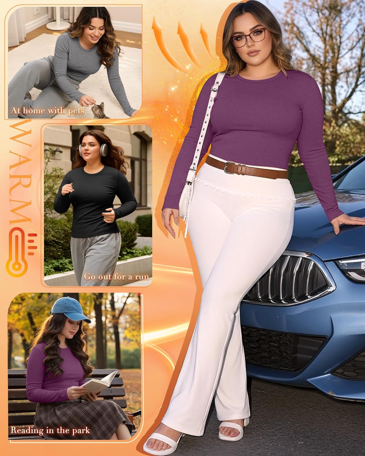 3 Pack Women's Plus Size Thermal Long Sleeve Shirts Slim Fit Fleece Lined Crew Neck Undershirt Tops Cold Weather - Image 2