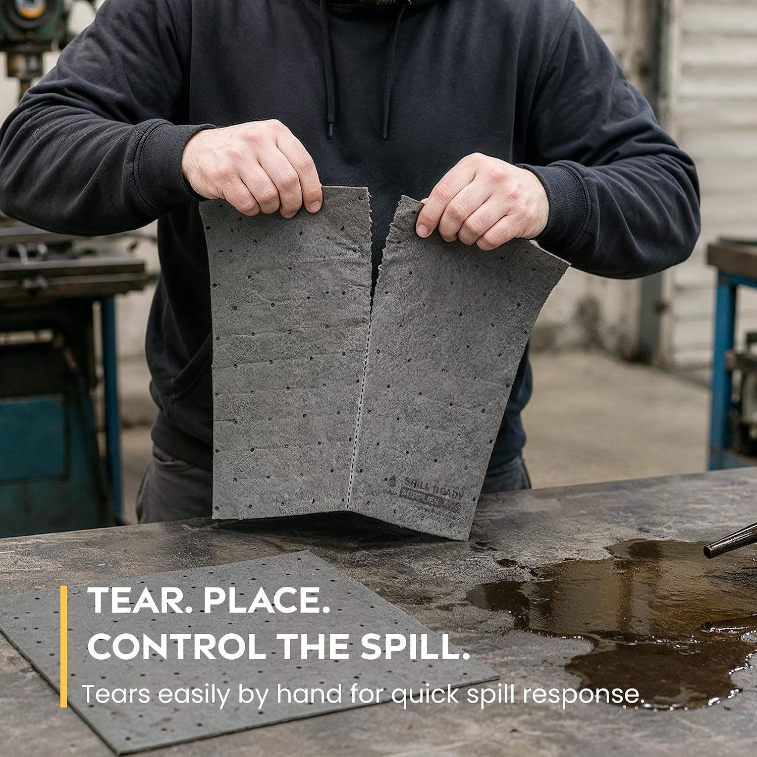 Spill Ready Universal Absorbent Pads 10" x 13" (100 Pack) - Standard Weight Absorbs Upto 16oz per pad, 2mm Absorbent Mat, Dimpled & Perforated Industrial Sorbent Pads - Gray Suitable for Workshops