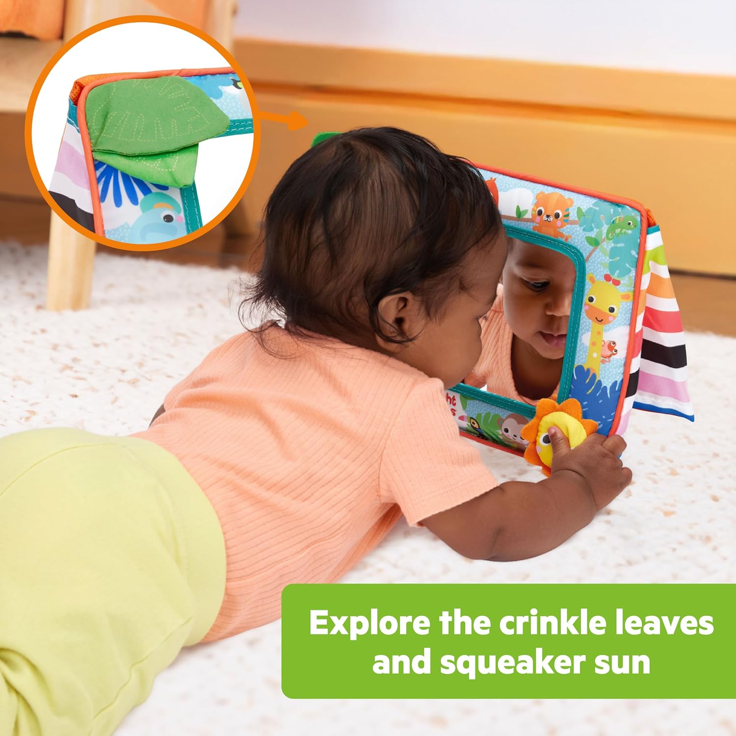 Bright Starts Sit & See Tummy Time Mirror, Crinkle Leaves and Squeaker Sun Multi-Sensory Toy, Unisex, Newborn & Up
